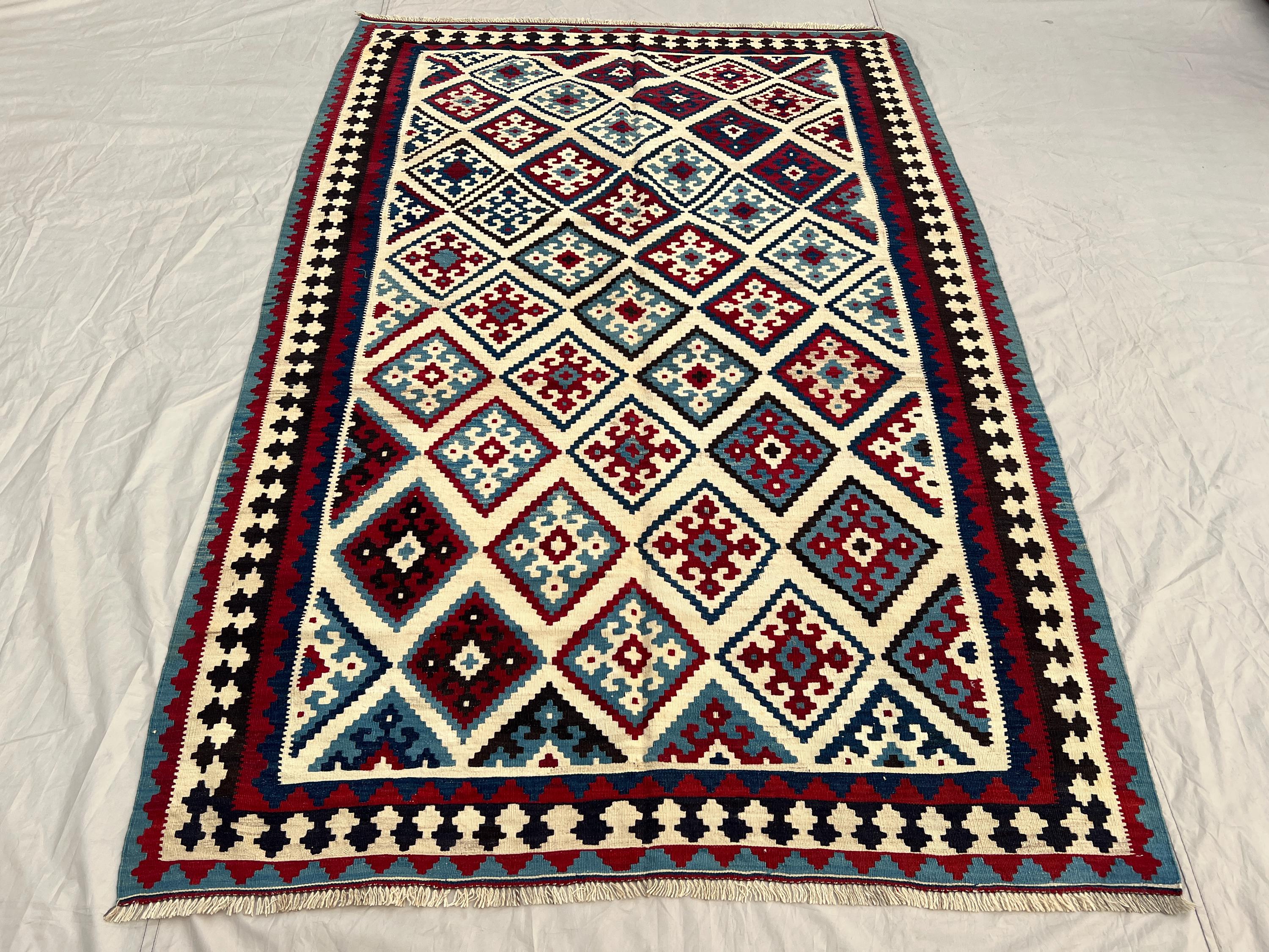 5'5x8 Vintage Afghan Kilim Flatweave | Ivory Blue Red All-Over Diamond Grid | Handwoven Wool Tribal Rug for Living Room Bedroom Dining Room