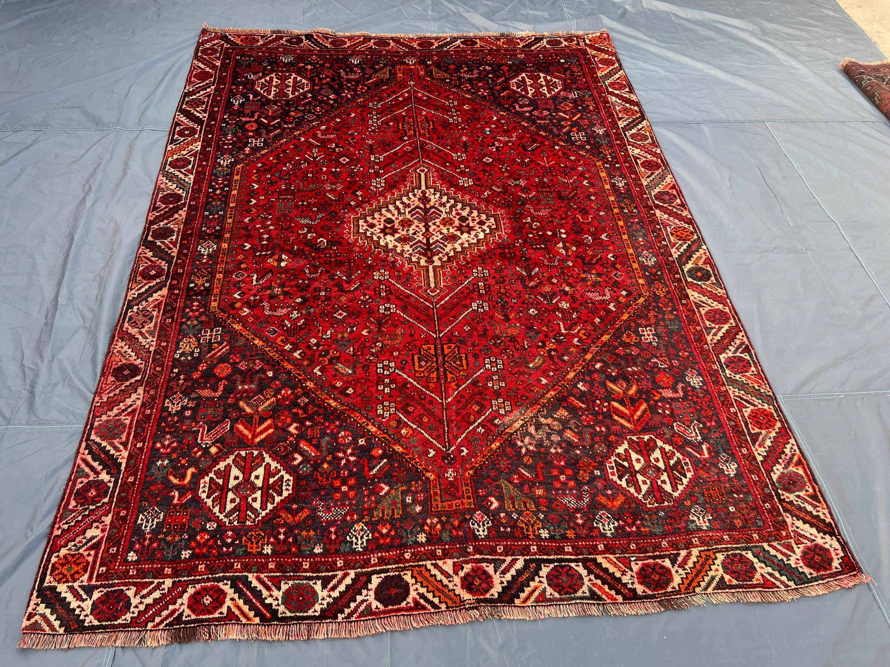 Antique 1930s 6'6 x 8'10 ft Turkish Caucasian Area Rare Rug Hand Knotted Central Medallion Wool Tribal Red Black Living Dining Room