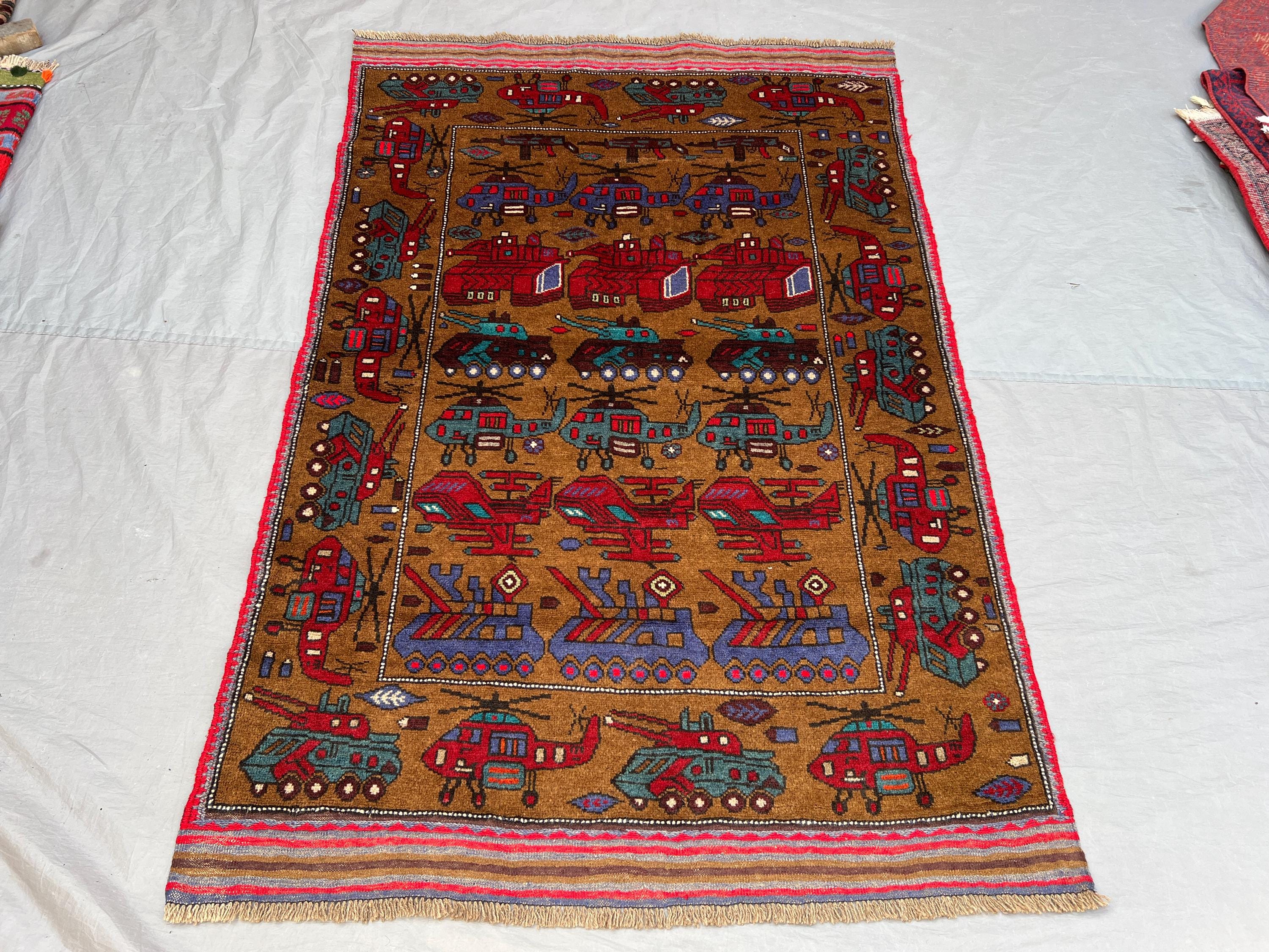 4x6 ft Vintage Afghan Pile War Rug | Handknotted Pictorial Helicopter Tank & Military | Tobacco Brown And Mult