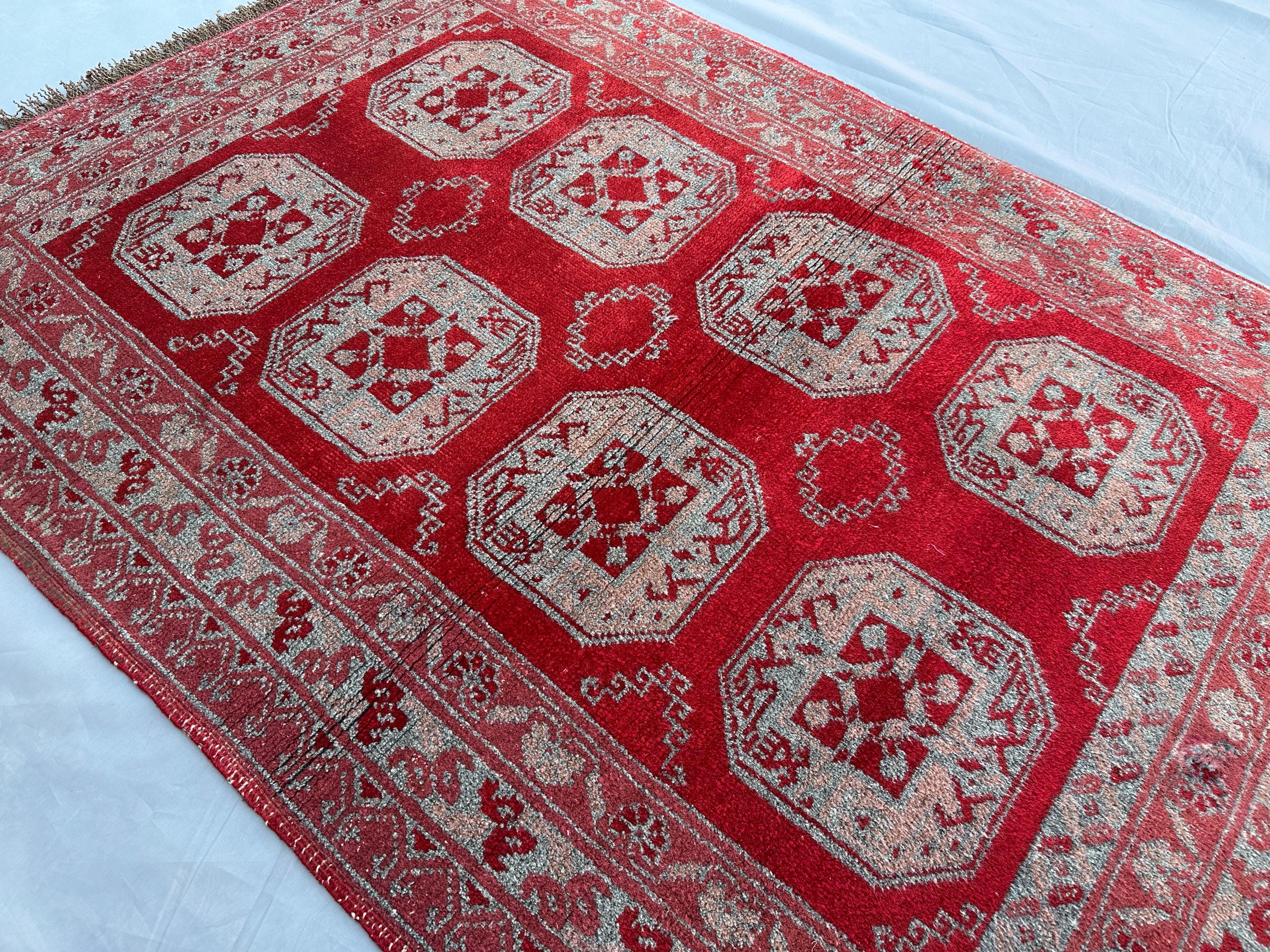 Vintage Turkoman Afghan Hand-Knotted Rug 2.8x3.10 ft, Red & Beige Tribal Wool Carpet, Boho Accent Piece for Small Spaces, Unique Decor