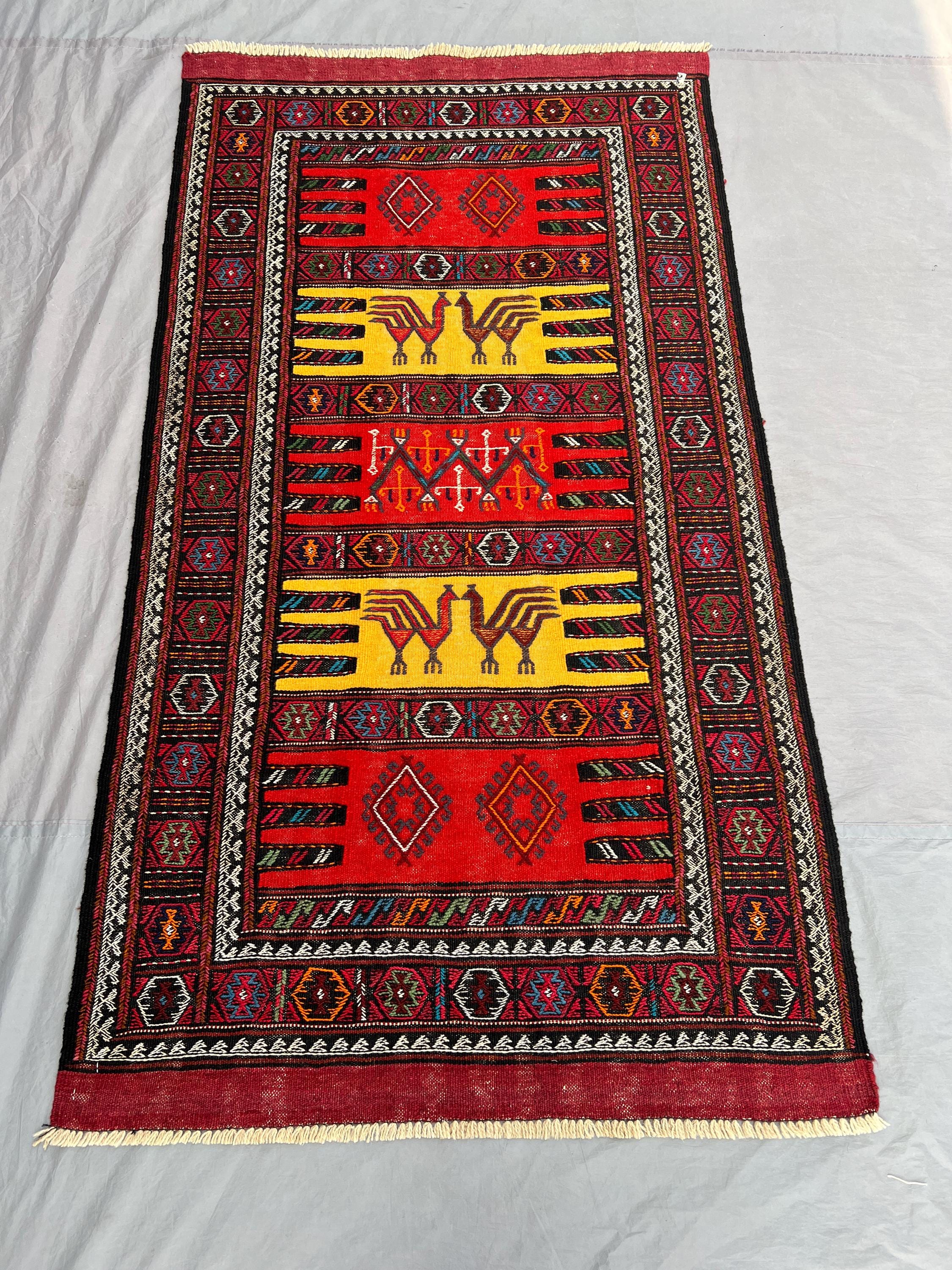 3'3x5'9 ft Antique Afghan Baluchi Kilim Rug - Handwoven Flatweave, Red, Yellow & Black Design - Geometric and