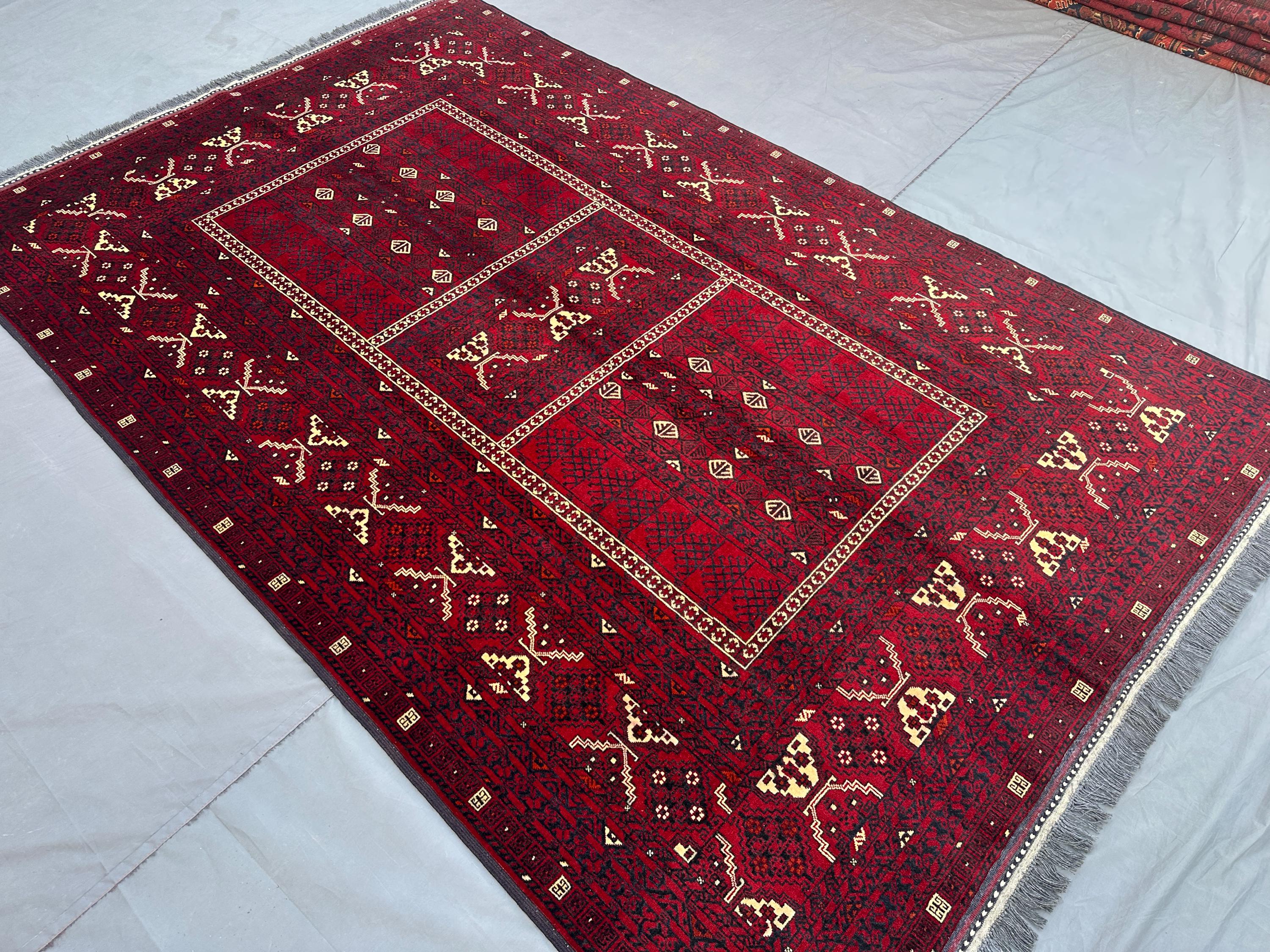 5x8 Afghan Hand Knotted Modern Rug, Tribal Turkmen Bukhara Geometric Wool Rug, Ensi Parda Design, Red Afghan A