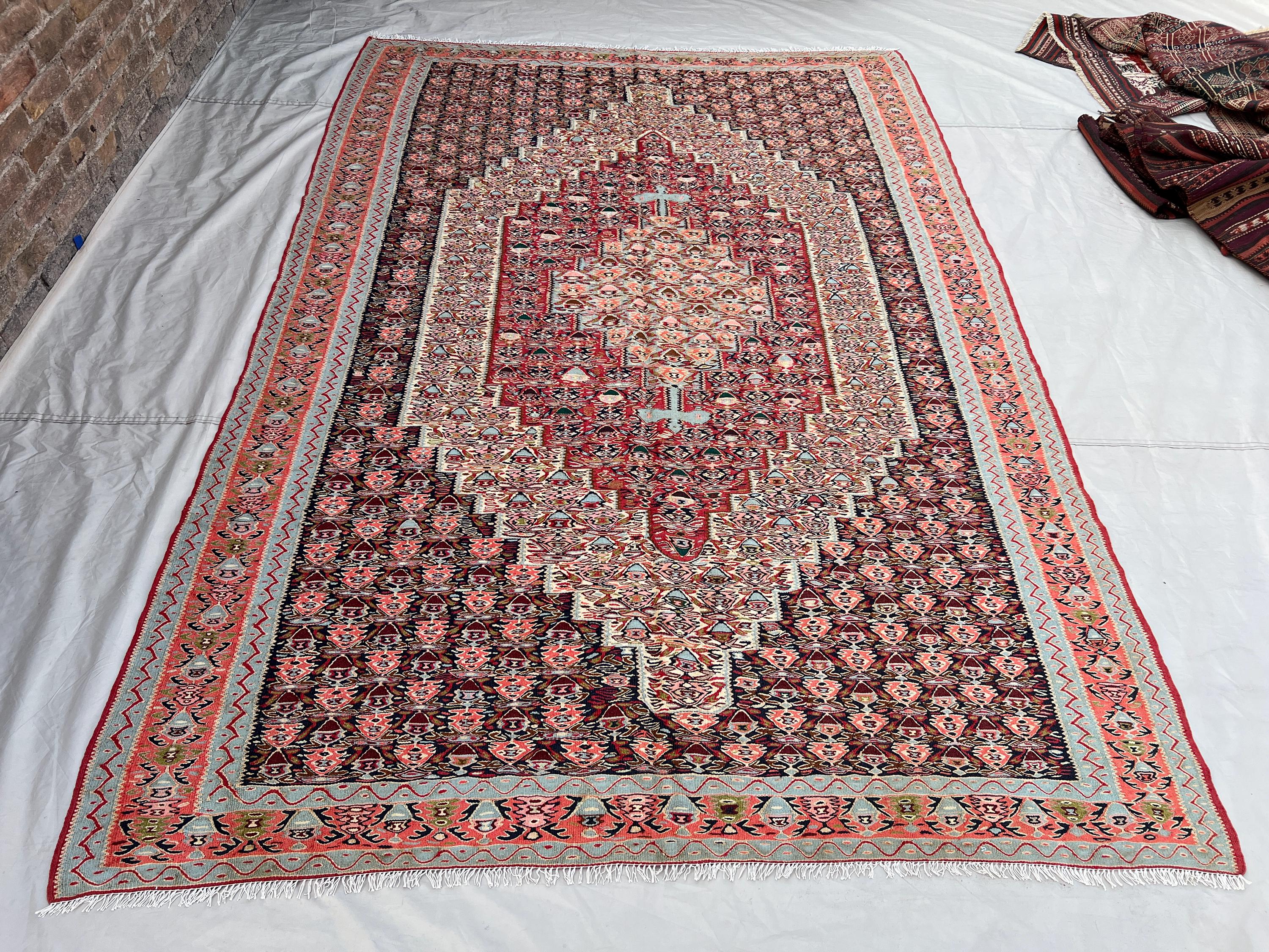 6'7x9'9 ft Vintage Afghan Kilim Rug | Handwoven Tribal Diamond Medallion | Coral Pink & Deep Burgundy Flatweave |Living Room Dining Room