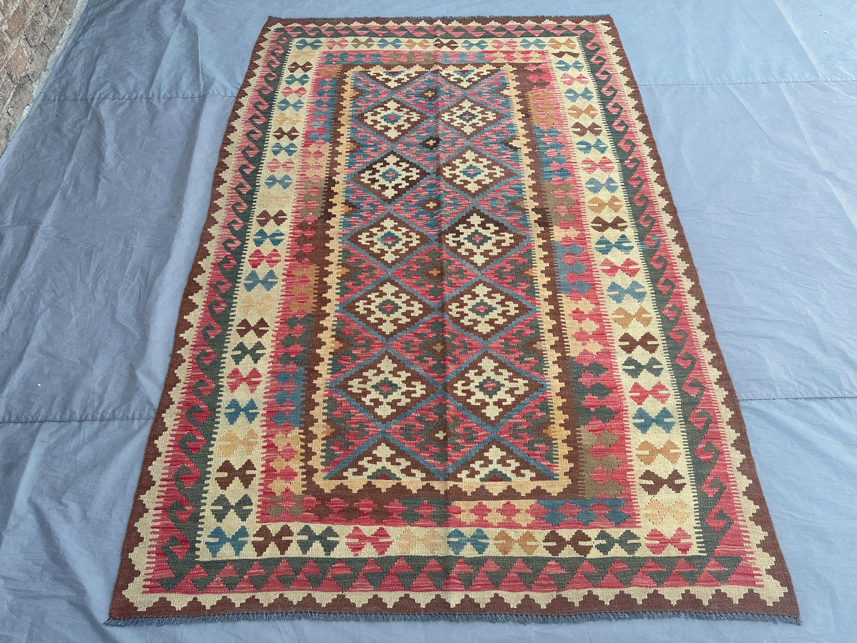 6x9 Afghan Kilim Rug | Handmade Wool Flat Weave Carpet | Tribal Geometric Pattern | Multicolor Boho Decor | Or