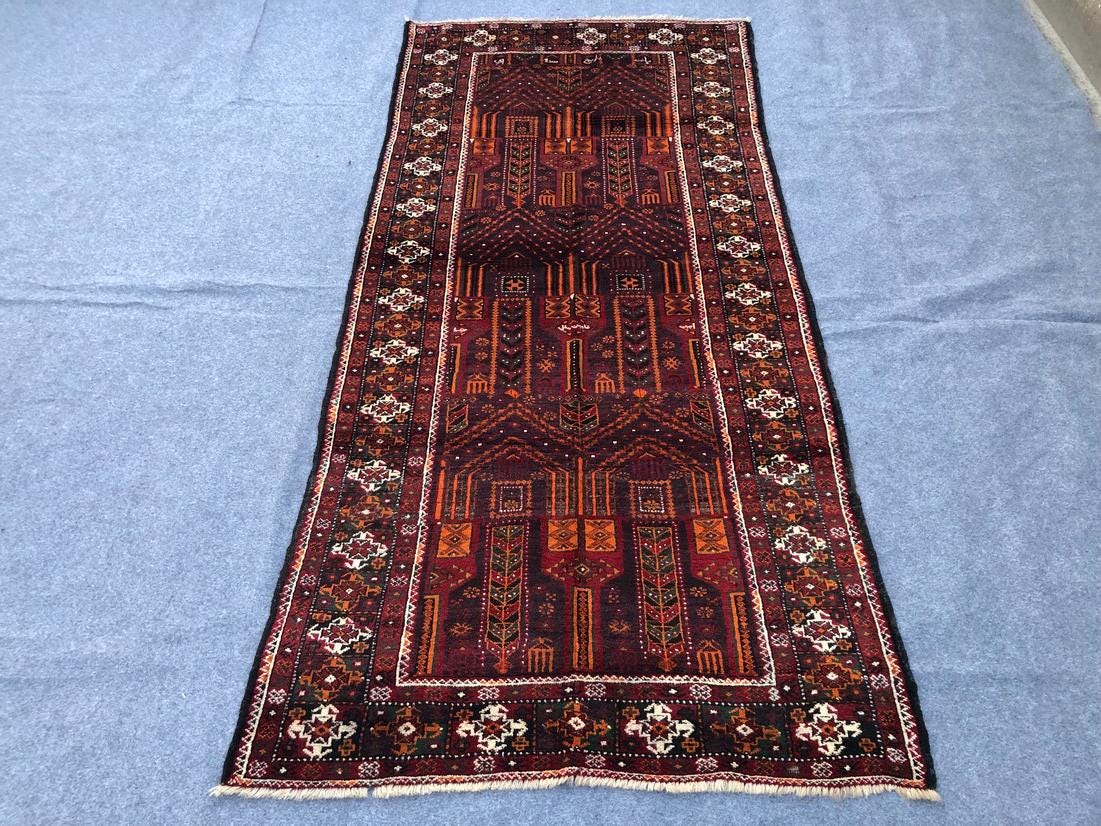 4x9 ft Geometric Antique Rug / Vintage Baluchi Rug/ Afghan Handmade Tribal Wool Rug/ Oriental Turkmen Rug in E