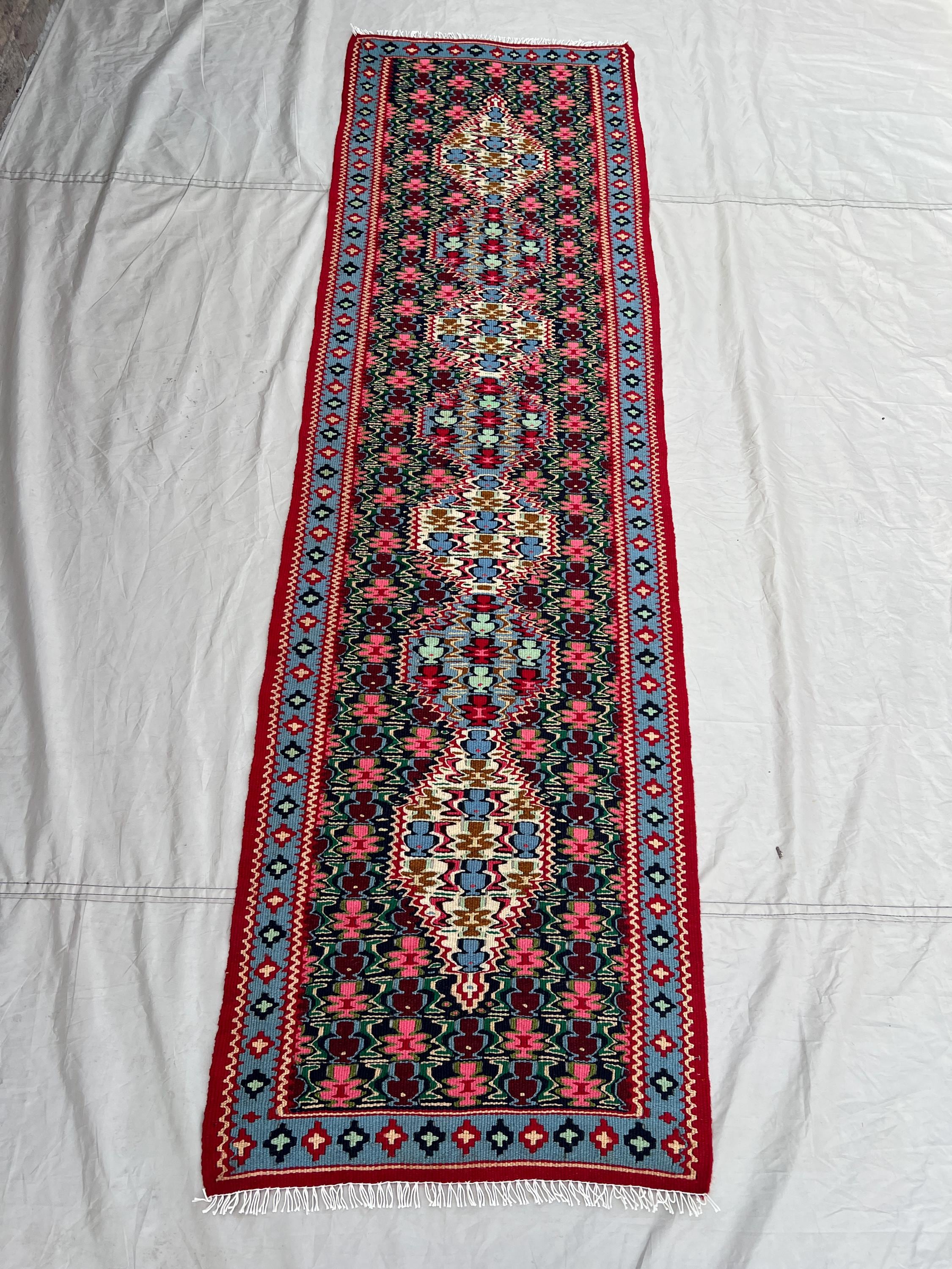 2'3x7'8 Ft Vintage Afghan Senneh Kilim Runner Flatweave | Red Pink Floral Medallion Chain | Handwoven Wool Rug