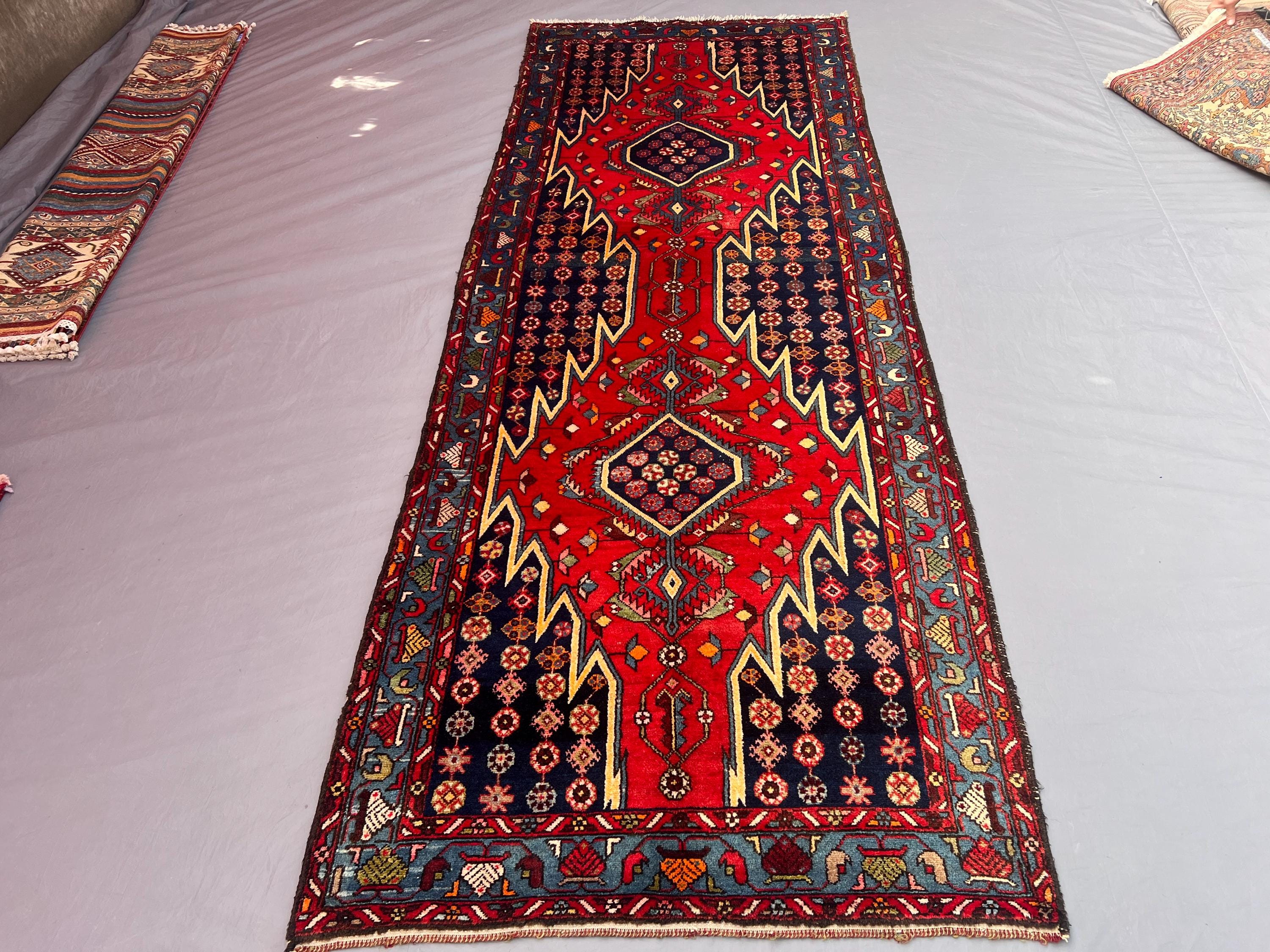 Red 3'8x10'2 Ft Vintage Afghan Hand-Knotted Wool Runner, Geometric Tribal Pattern, Soft Tribal Wool, Hallway or Entryway Beside Bedroom