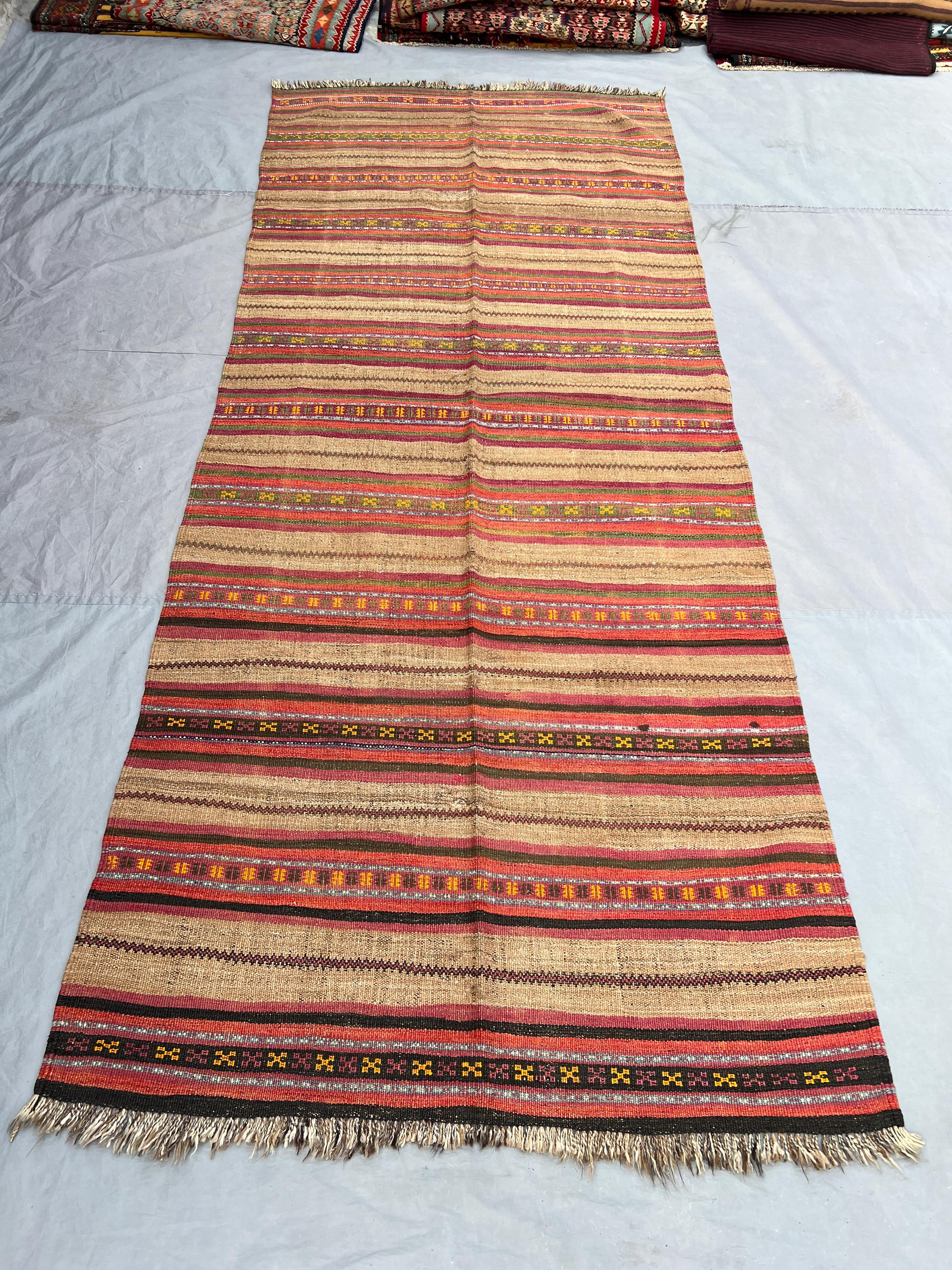 3'10x9'9 ft Vintage Afghan Kilim Runner, Handmade Flatweave Wool Rug, Long Hallway Runner Rug, Neutral Striped Carpet, Boho Home Decor