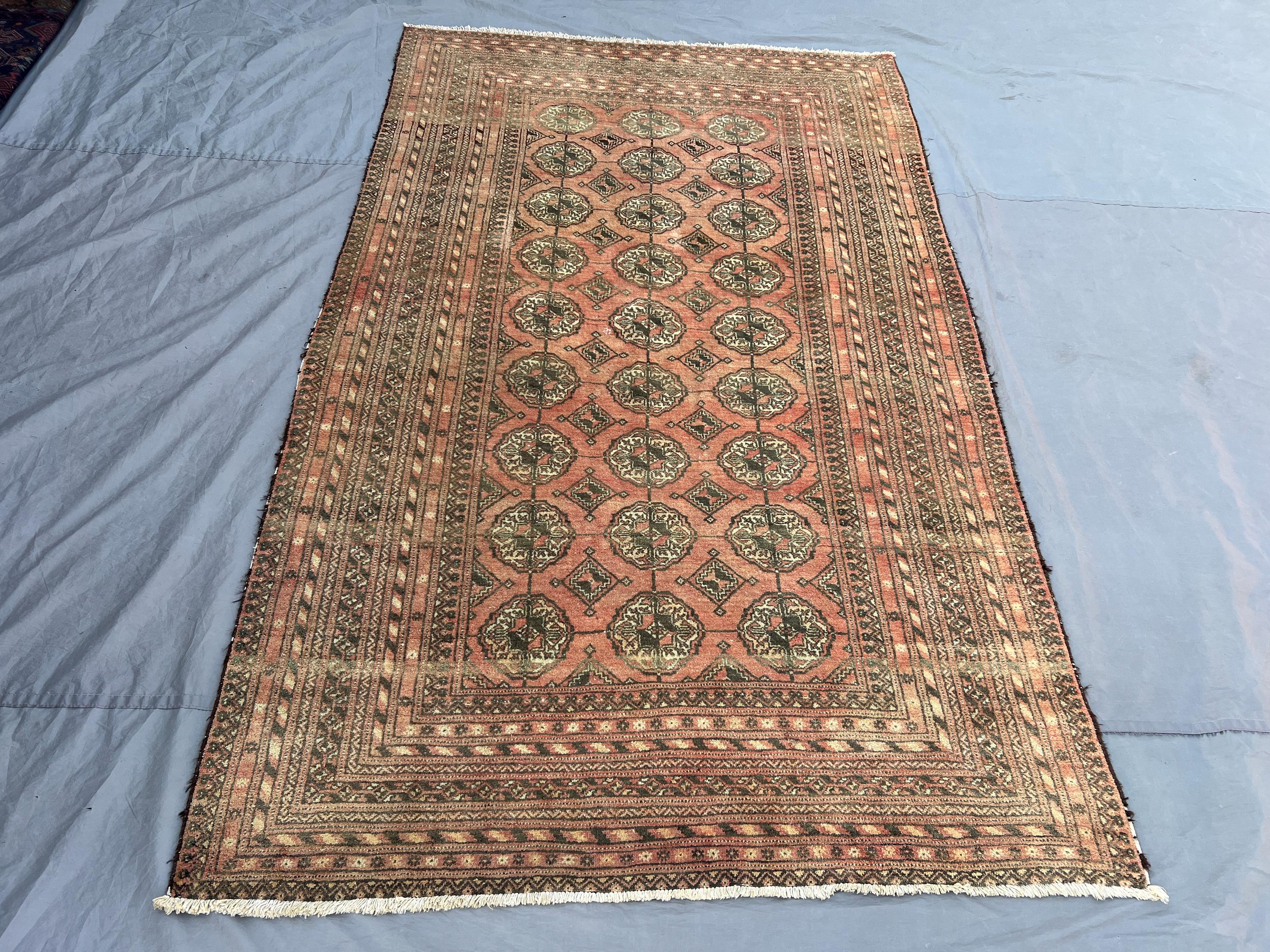 4'9x7'8 Vintage Afghan Hand Knotted Wool Rug Faded Terracotta Pink All Over Gul Octagonal Medallion Tribal Boho Living Room Bedroom Carpet