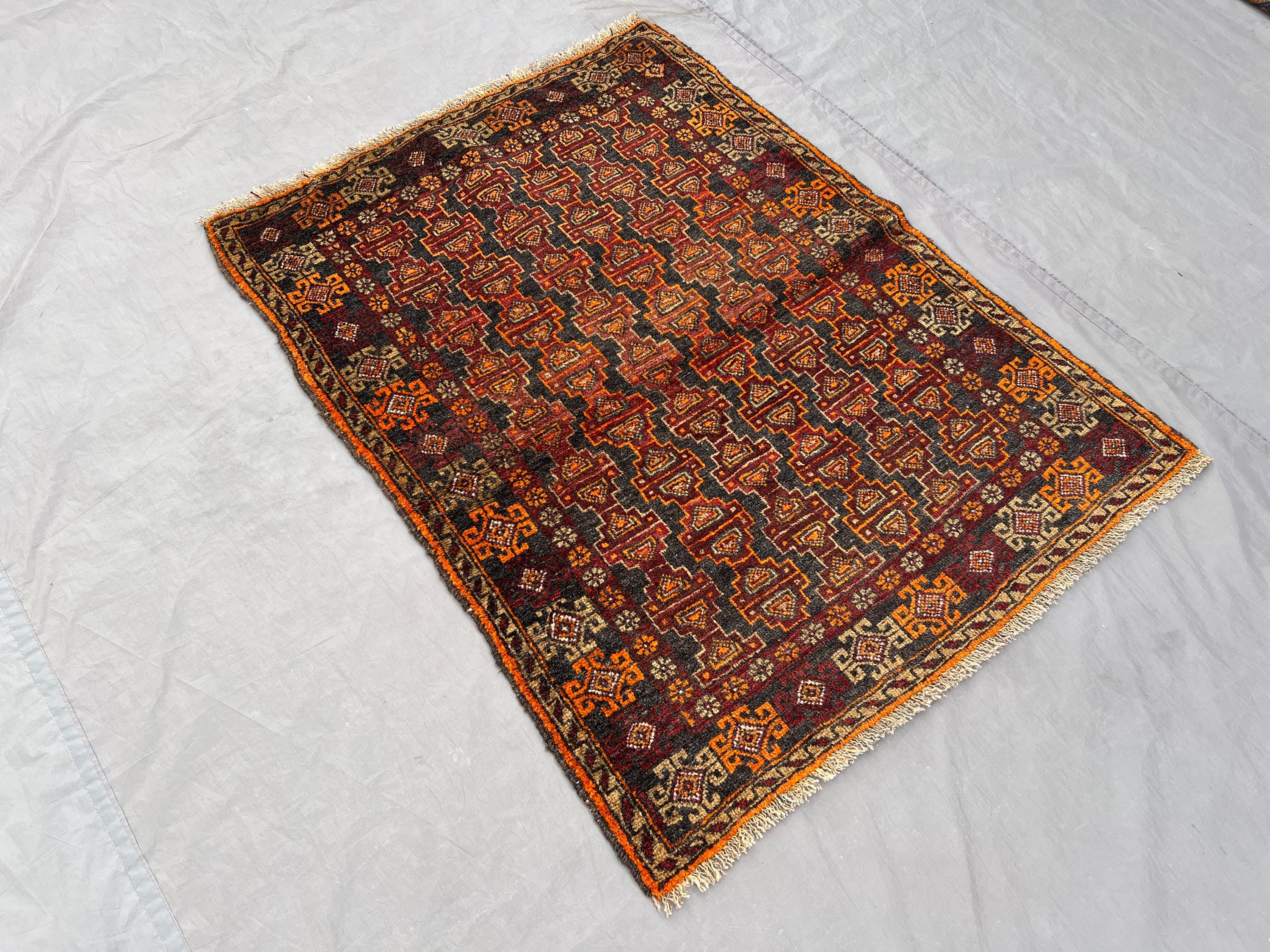 3x4 ft Afghan Hand Knotted Baluchi Rug, Rare Tribal Wool Carpet, Geometric Vintage Pattern in Brown Red Orange, Boho Area Rug, Bedroom Decor