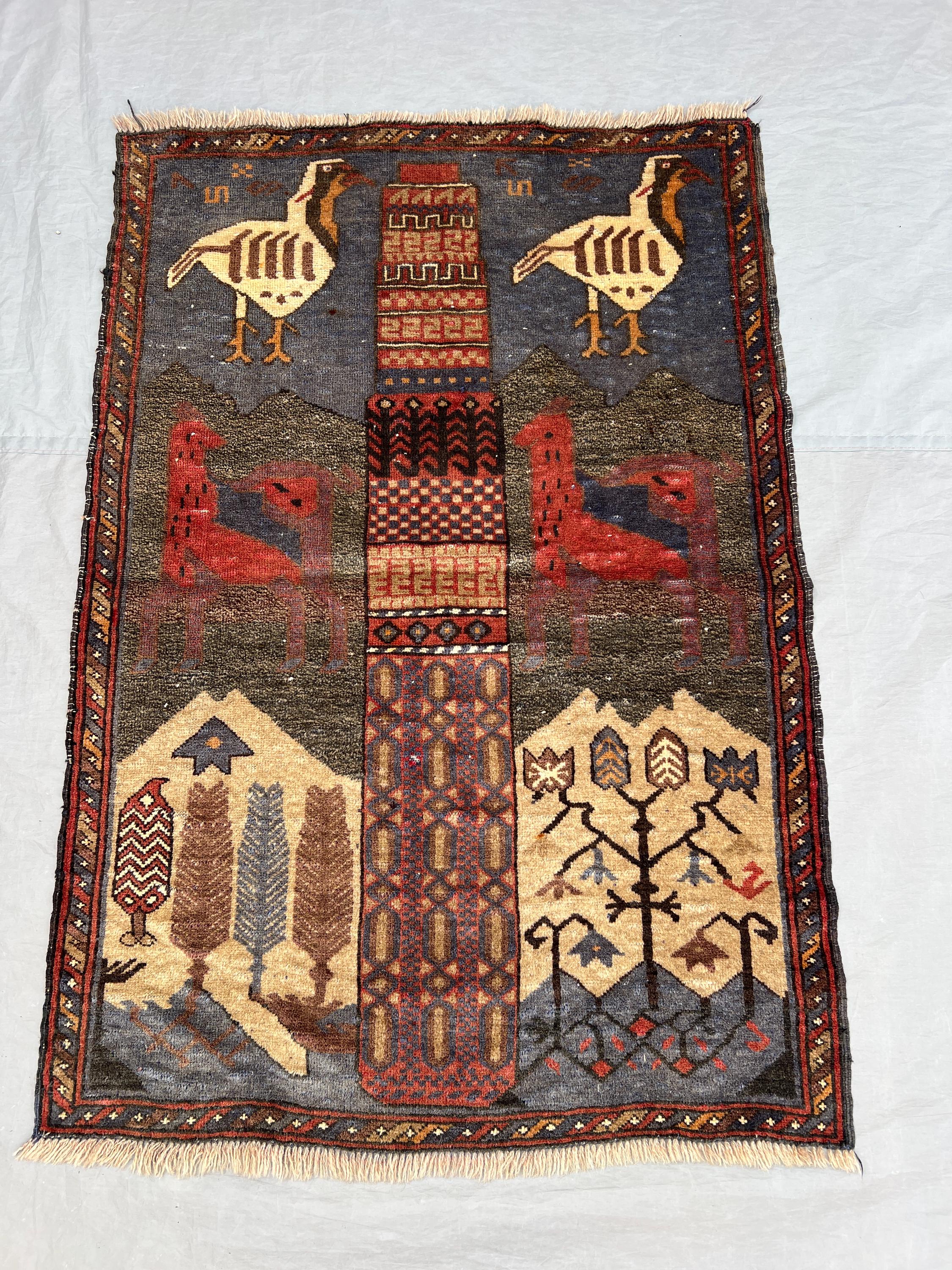 2'9x4 ft Vintage Afghan Pile Pictorial Rug | Handknotted Bird Tree & Landscape Scene | Dusty Blue Multicolor Wool | Accent Rug Wall Hanging
