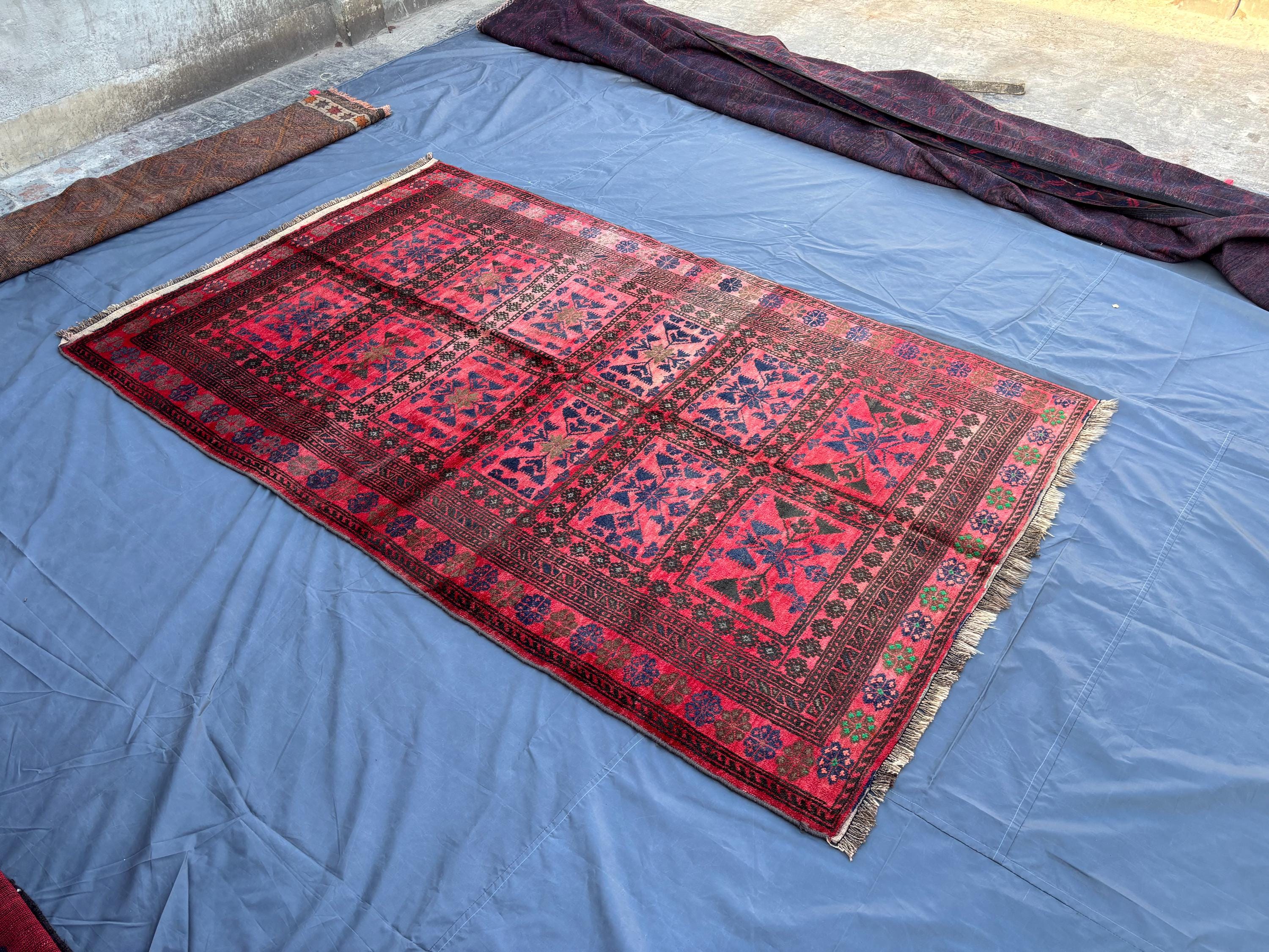 5.1x8.4 ft Antique Afghan Hand-Knotted Baluchi Rug, Vintage Tribal Wool Carpet, Rare Geometric Pattern Orienta