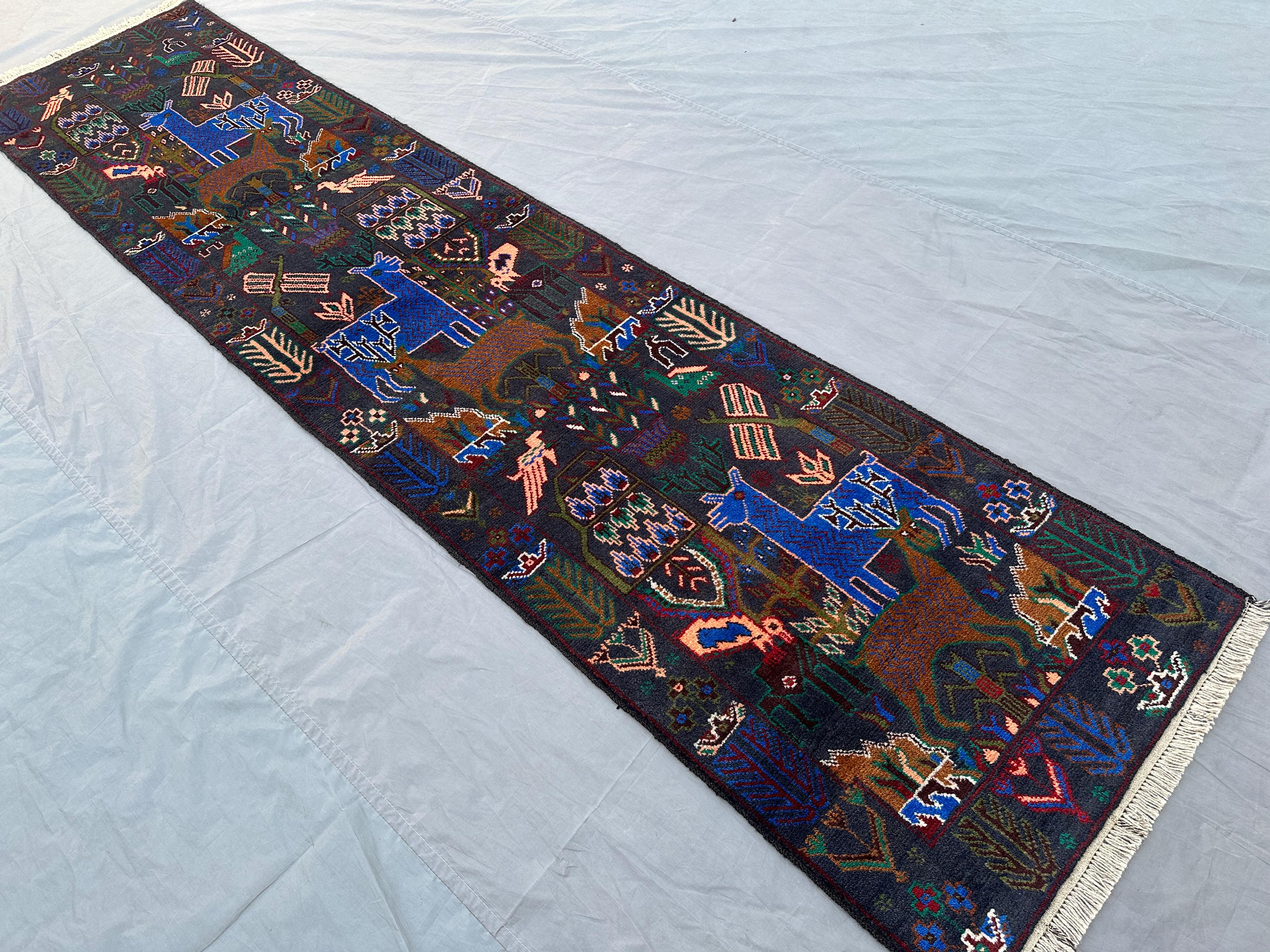 2x10 Vintage Afghan Handmade Runner Rug, Tribal Pictorial Animal Hunting Scene, Geometric Art Hallway Rug, Tur