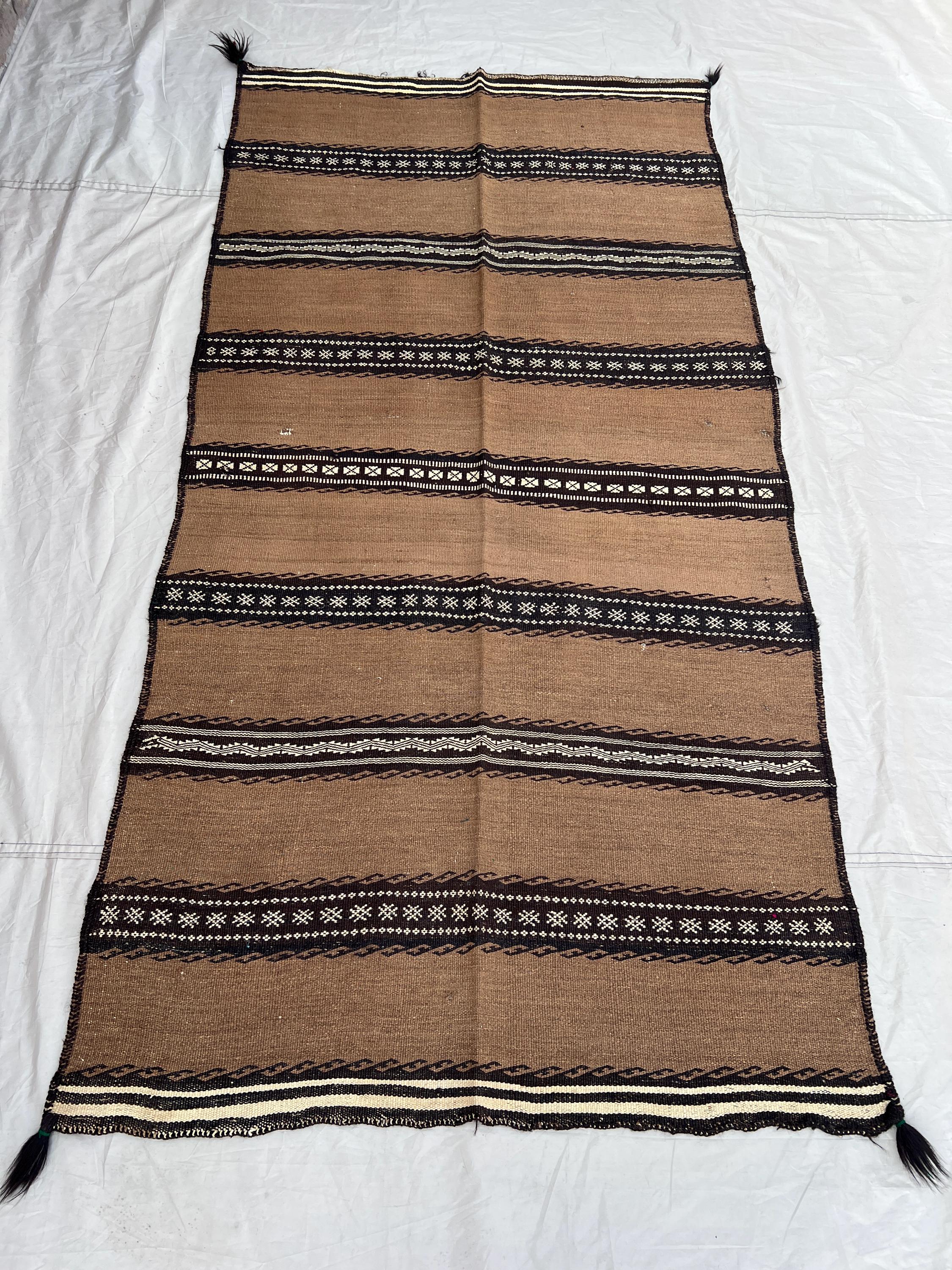 3'10x7'7 Ft Vintage Afghan Kilim Handwoven Wool Flatweave Minimalist Stripe Camel Brown Black Ivory Natural Area Rug | Living Room Bedroom