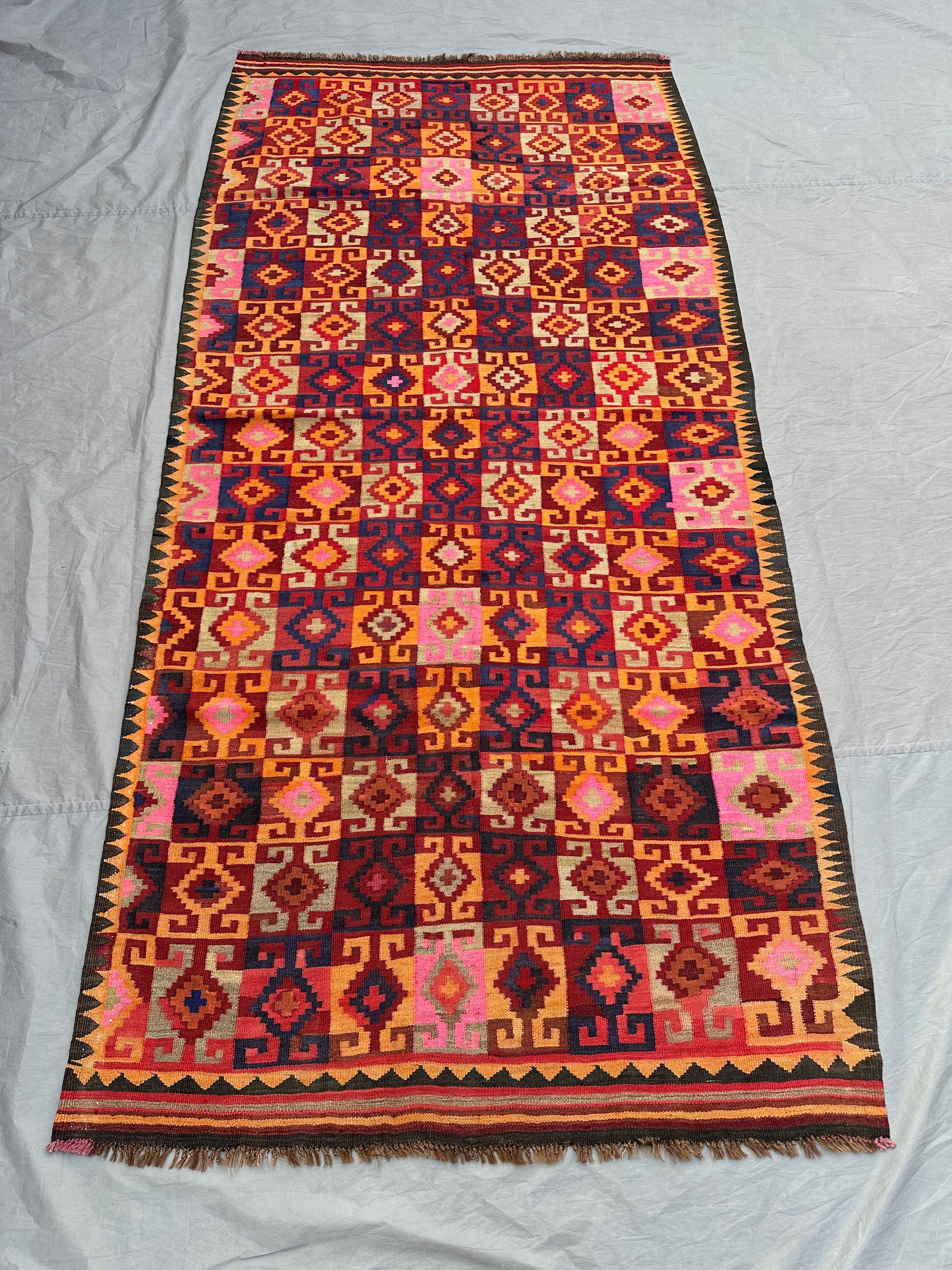 4'1x8'4 ft Vintage Handmade Kilim Rug Colorful Geometric Wool Flat Weave Carpet Tribal Boho Runner Rug | Vibrant Checkered Area Rug Decor