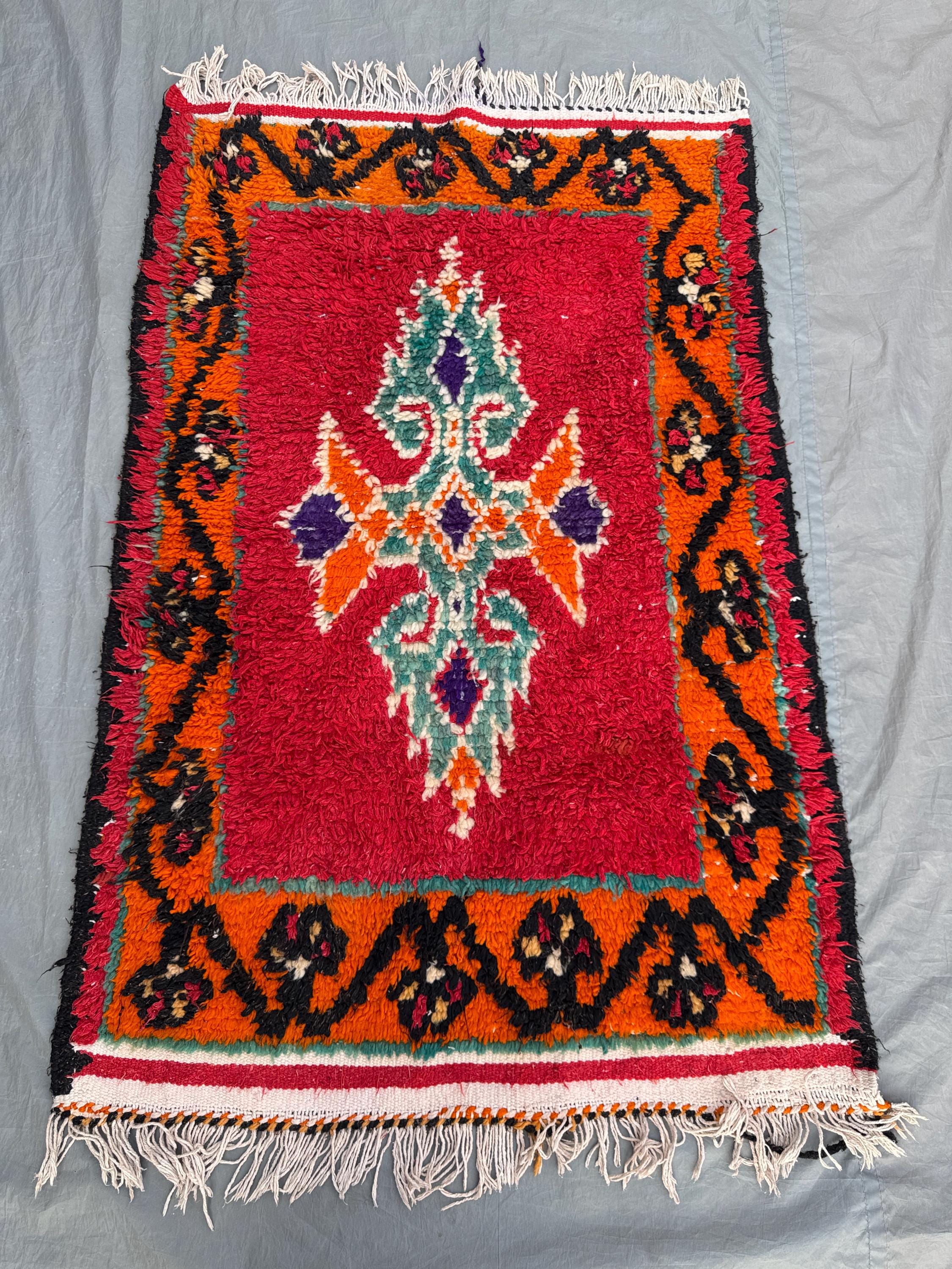 Vintage Red Orange Afghan Moroccan Full Pile Rug | 2x10 ft Handmade Wool Shaggy Boho Carpet | Bedroom Living Room Rug \ kitchen rug