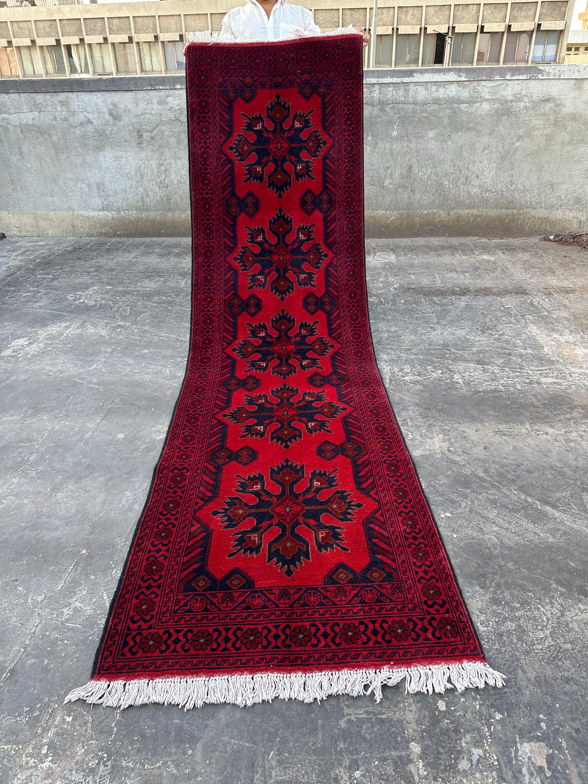 Afghan Hand-Knotted Khal Mohammadi Runner Rug 2'8" x 9'8" | Traditional Red Bukhara Wool Carpet | Andkhoy Trib