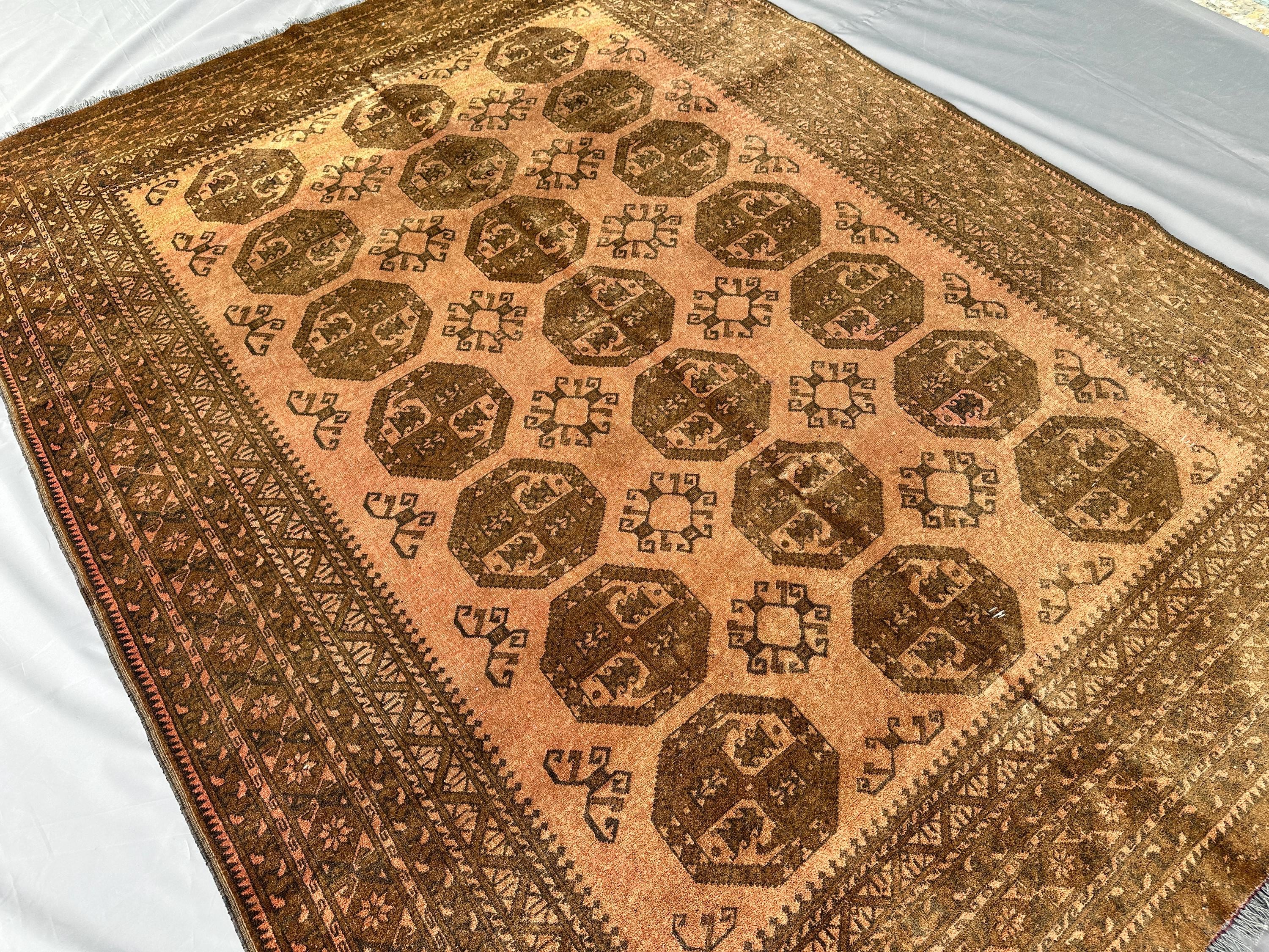 1970s Antique Afghan Bukhara Rug 9x7 Hand-Knotted Wool Carpet, Brown Tribal Turkmen Design, Vintage Living Roo