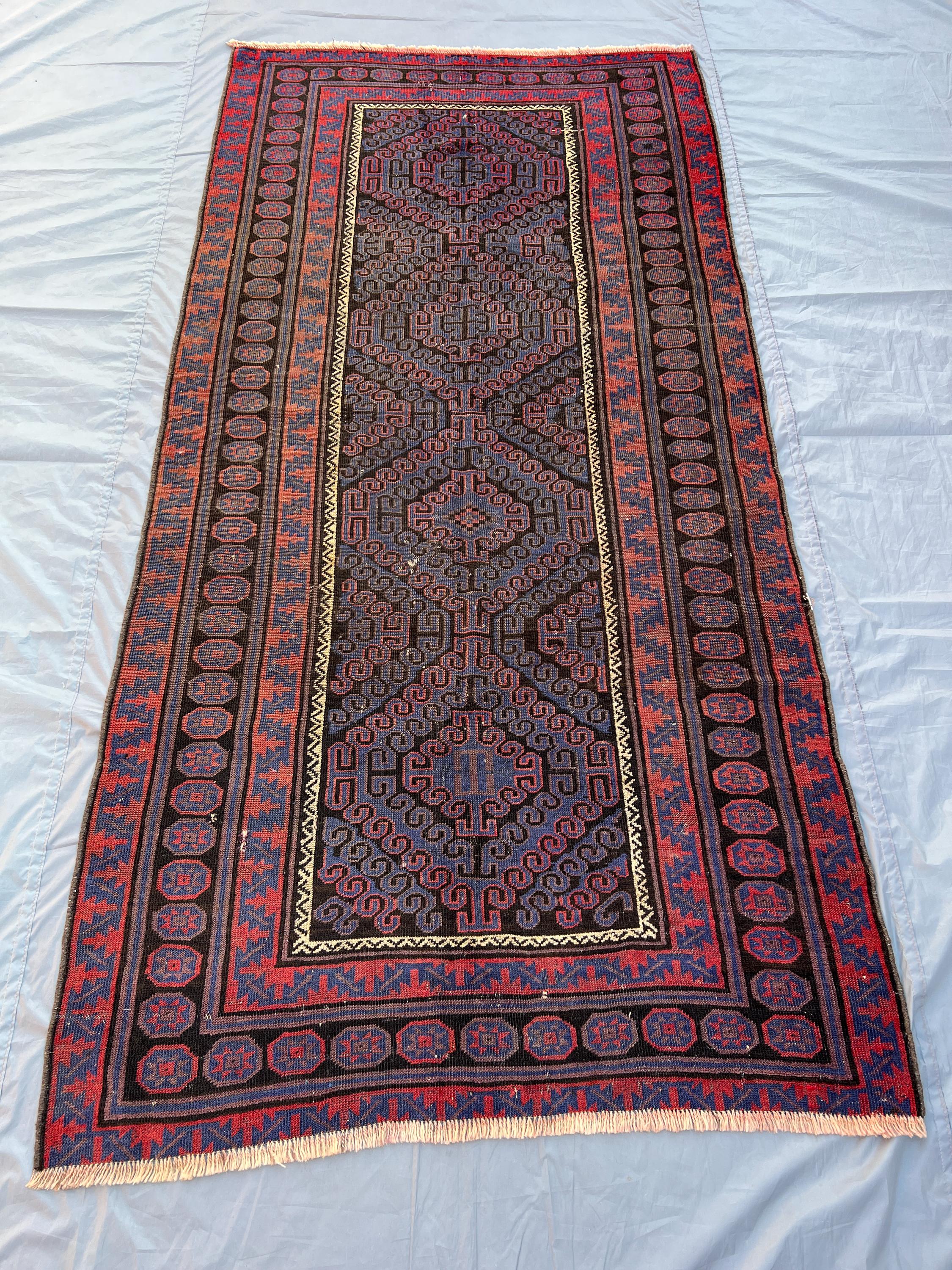 4.4x8.9 ft Antique Afghan Baluch Wide Runner Rug Tribal Low Pile Wool Rug Zanjiri Design Dark Tones Rug for Hallway or Entryway, Turkmen rug