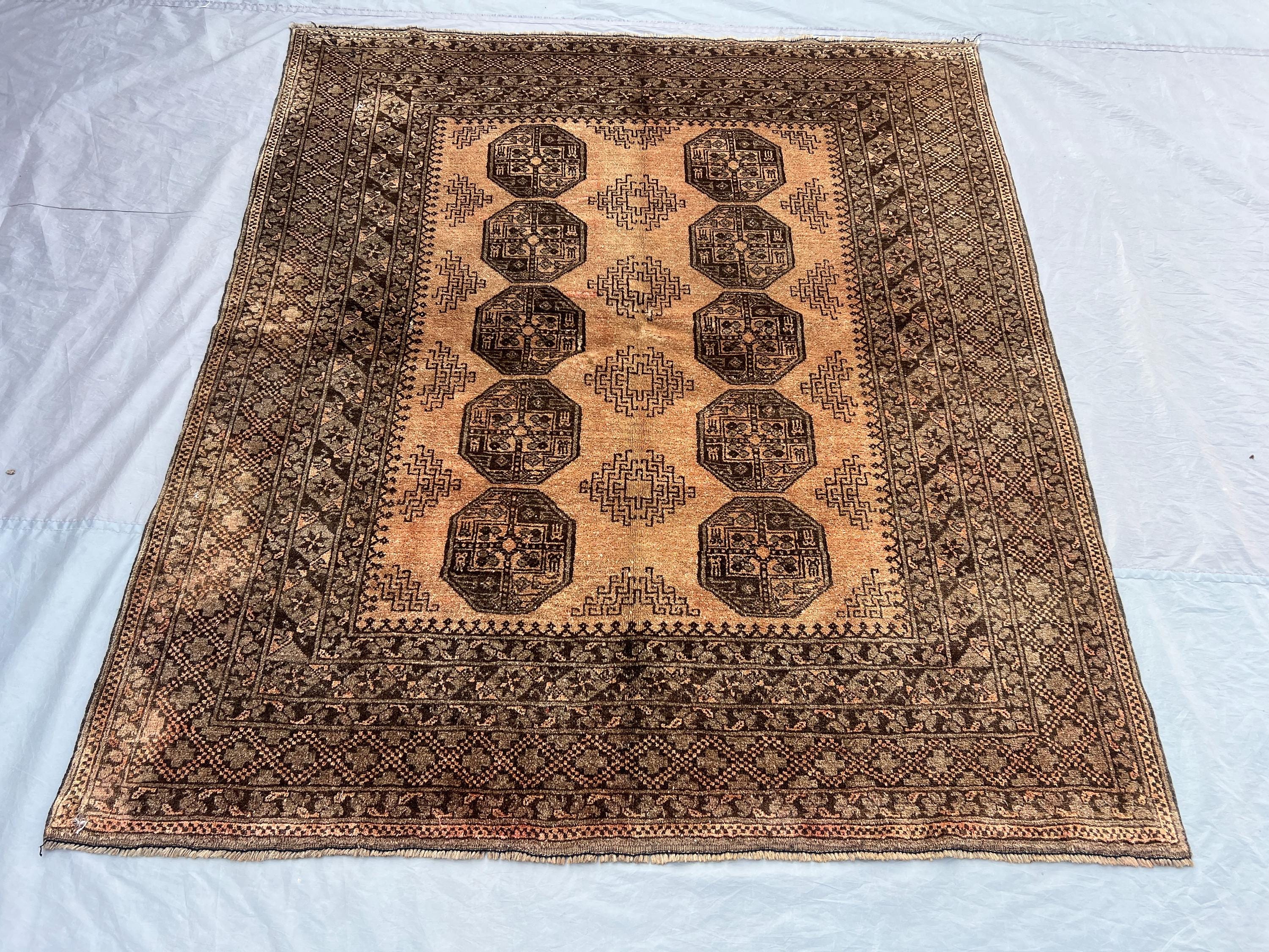 5 x 6 ft Afghan hand knotted vintage rug terracotta faded Turkoman Bokhara elephant foot design rare soft pile