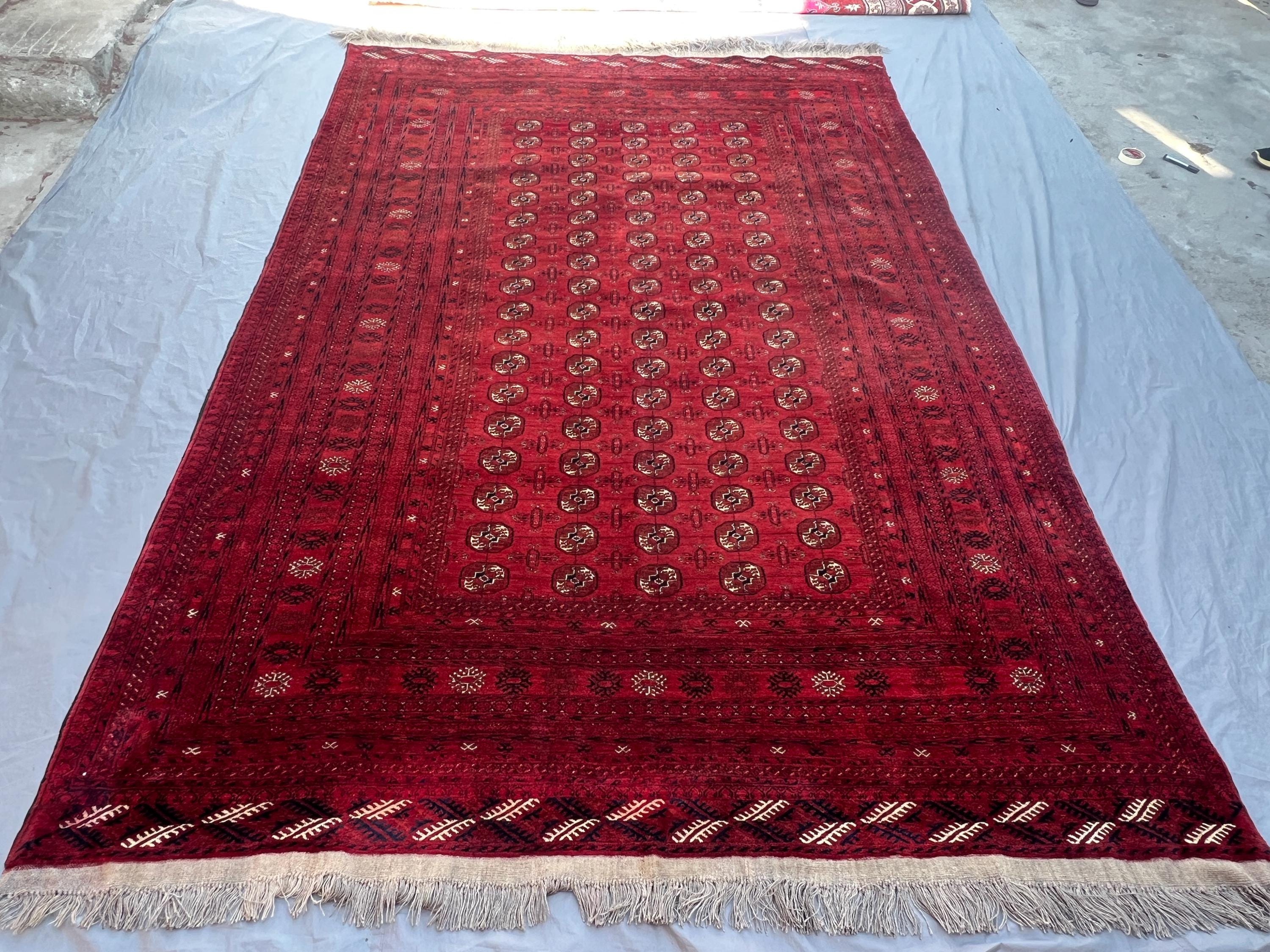 7'10x11'6 Antique Afghan Turkmen Bokhara Handknotted Soft Pile Oversized Rug, All-Over Gul Deep Red Wool Large