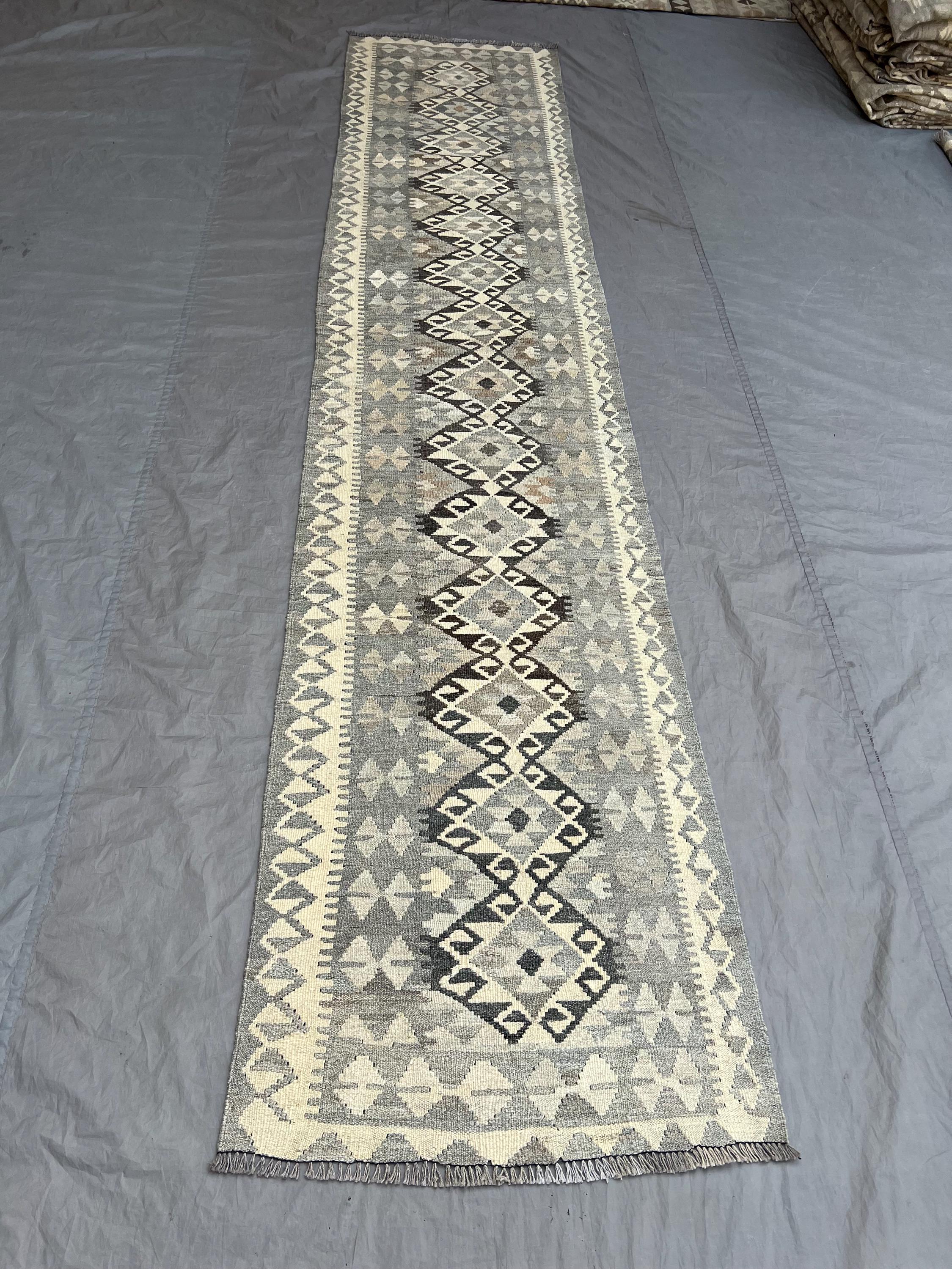 Unique 3 x 13 ft Afghan Hand-Woven Vintage Flat-Weave Kilim Runner Faded Maimana Design Large Wool Tribal Rug One-of-a-Kind Home Decor