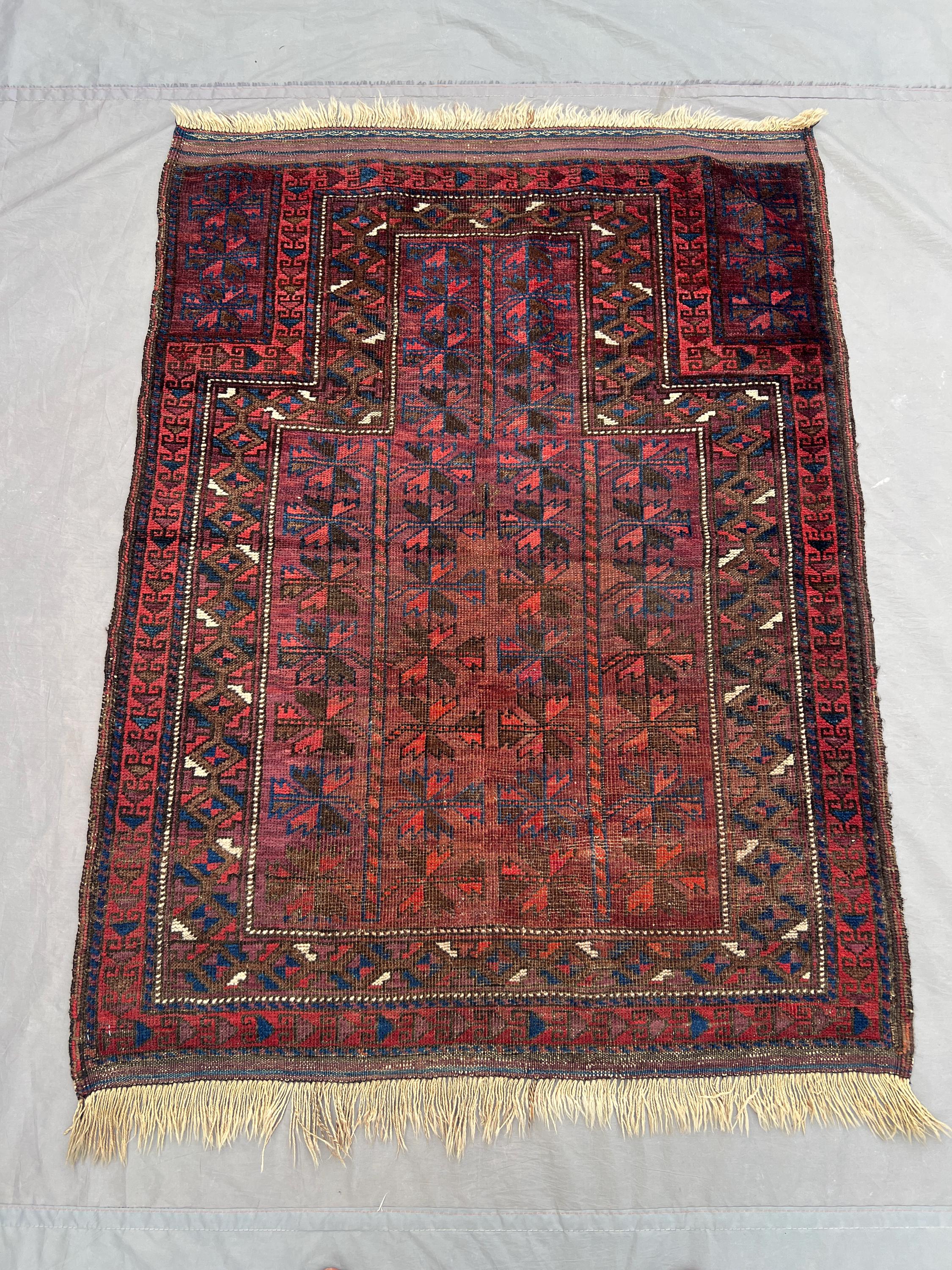 3 x 4 ft Afghan Hand Knotted Vintage Balochi Rug Low Pile Distressed Brown Red Tribal Geometric One Of A Kind Handmade Rug