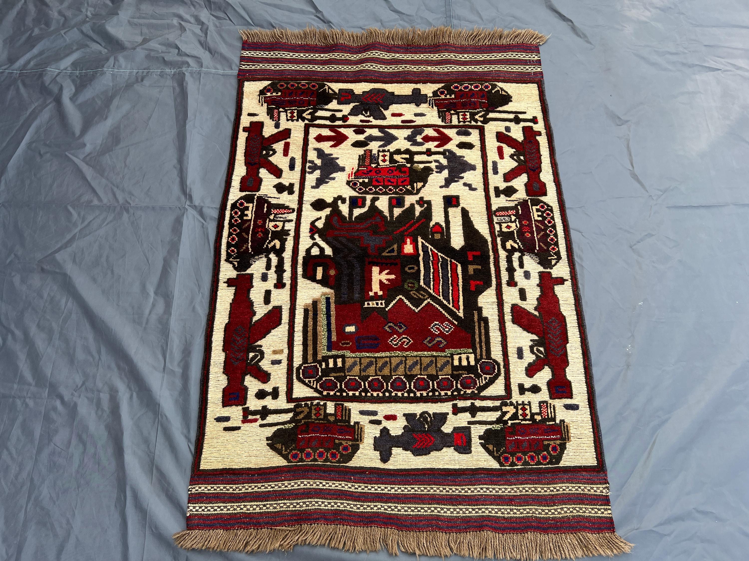 Vintage Afghan War Rug 3.1x4.5 ft | Hand Knotted Tribal Wool Rug | Pictorial Story Rug | Unique Ethnic Wall or