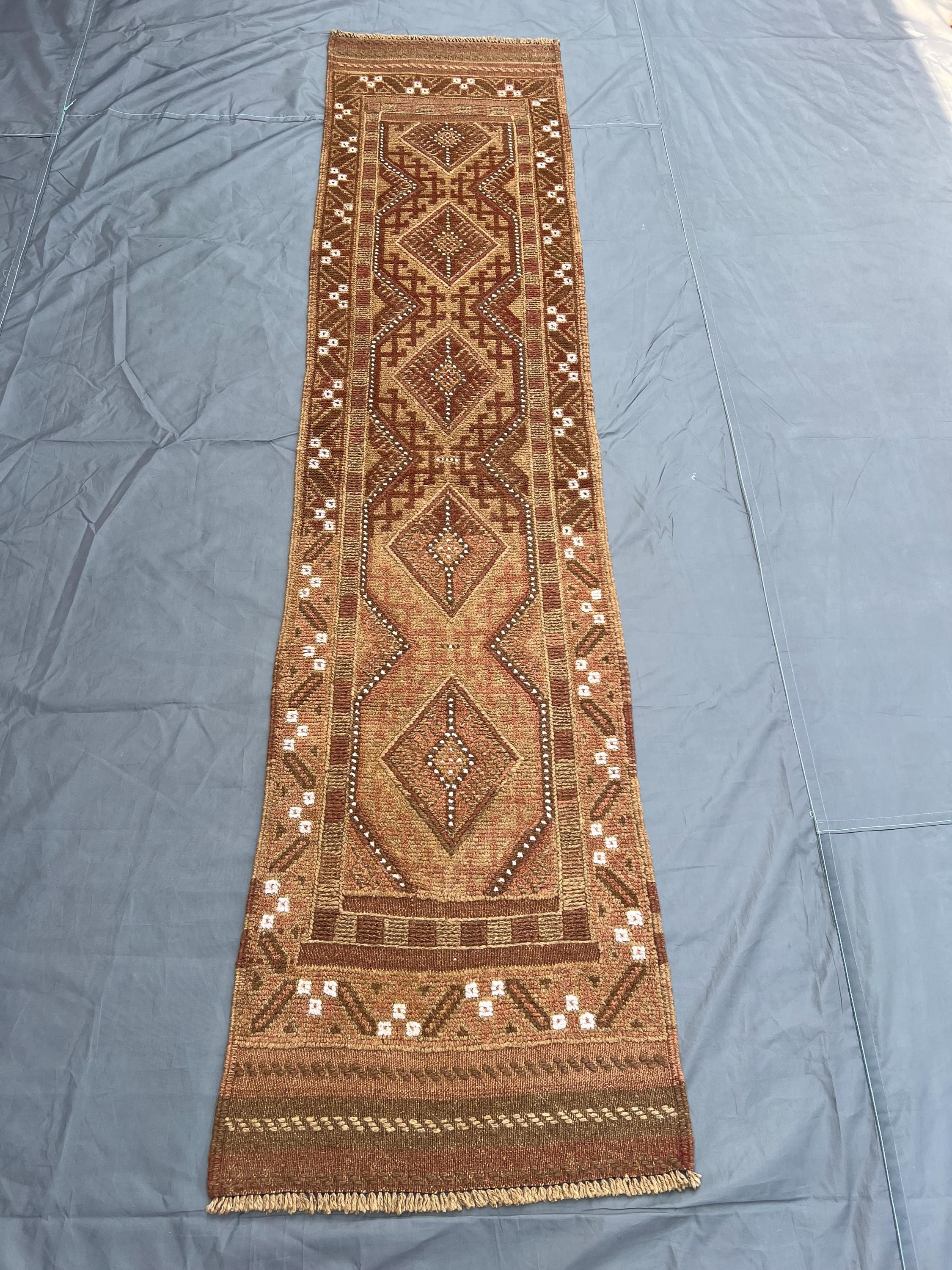 Terracotta "2x8" ft Hand-Knotted Afghan Mishwani Runner Rug Tribal Geometric Pattern Wool Hallway Carpet Boho 
