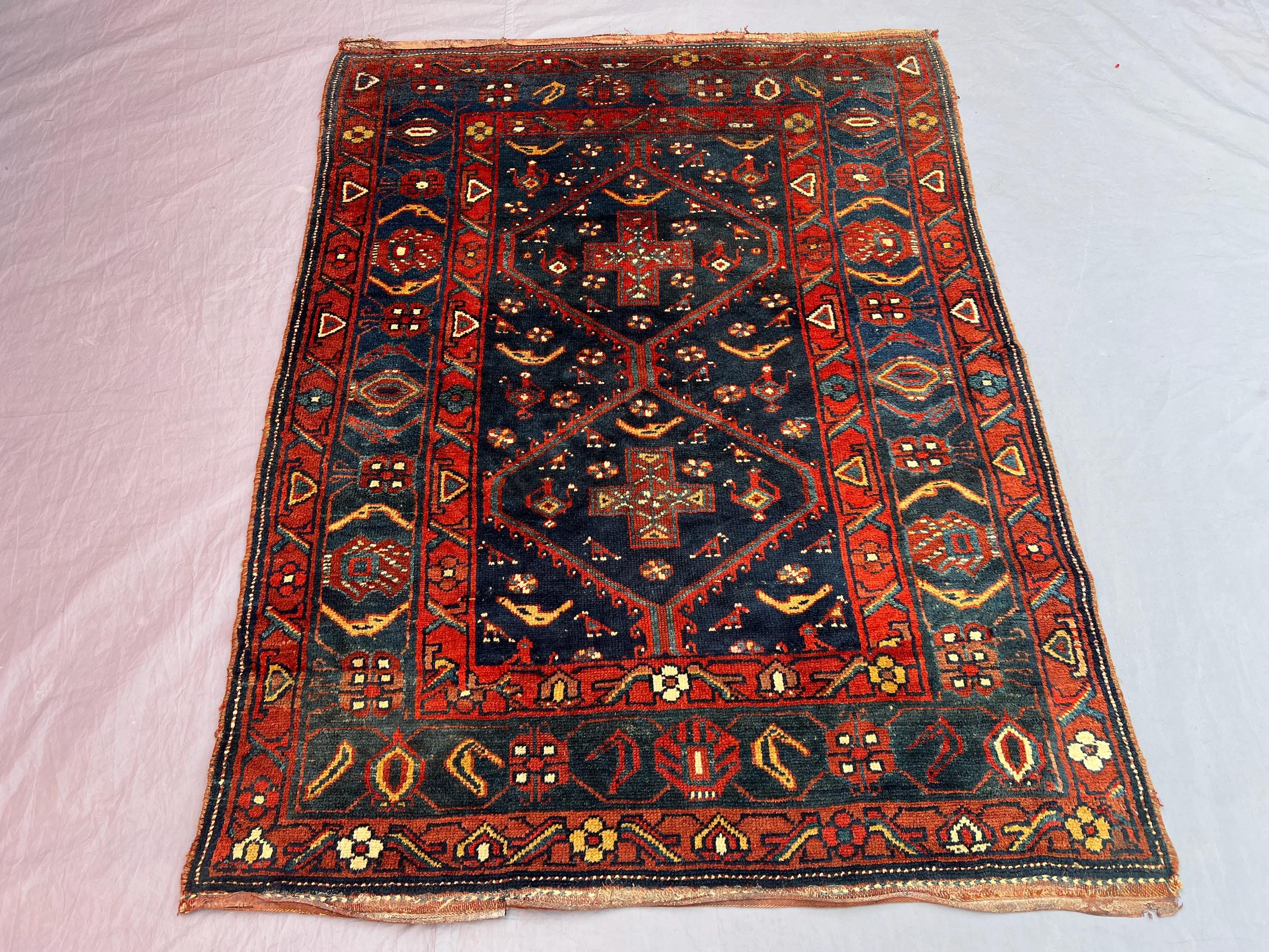 3'10x5 ft Antique Afghan Kilim Flatweave Rug, Tribal Wool Geometric Design, Red & Blue, Living Room, Bedroom, 
