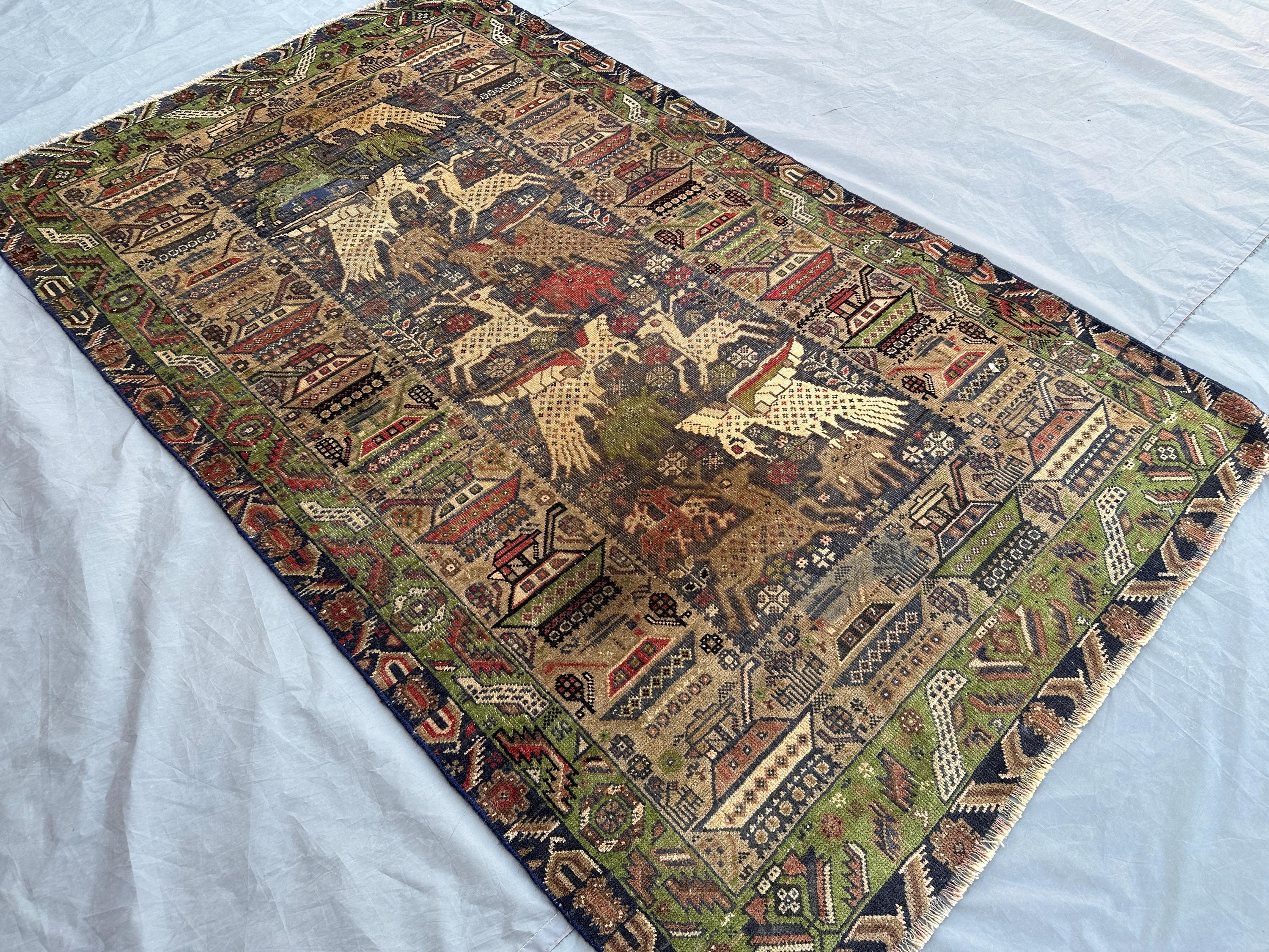 3'10x6'5 ft Antique Afghan Baluchi Rug, Hand Knotted Pictorial Hunting Carpet | Tribal Wool Animal Art Rug | N