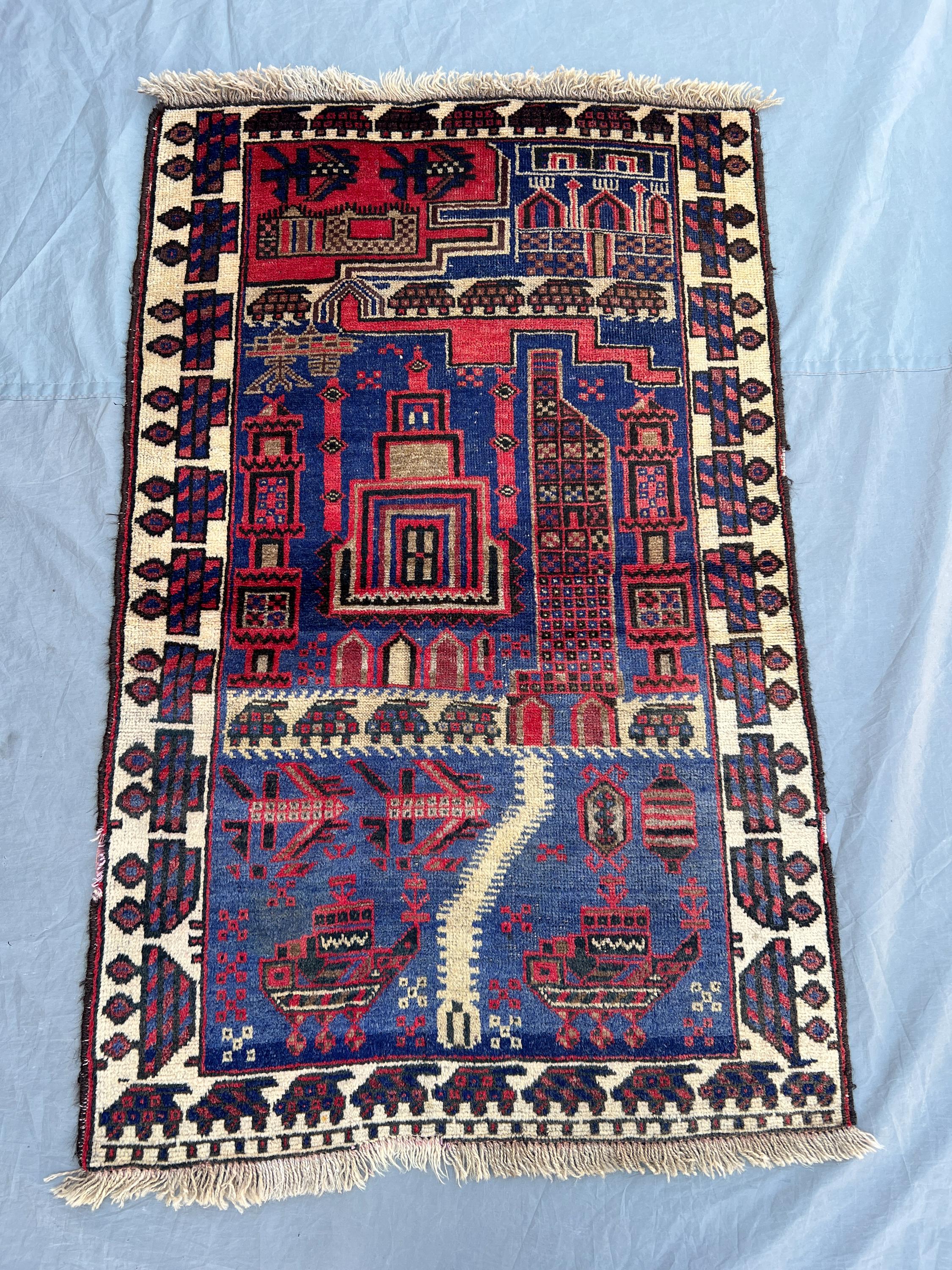 2'8x4'3 Vintage Afghan Pictorial Rug | Hand Knotted Wool Area Rug | Blue Red Village Scene Rug | Bohemian Acce