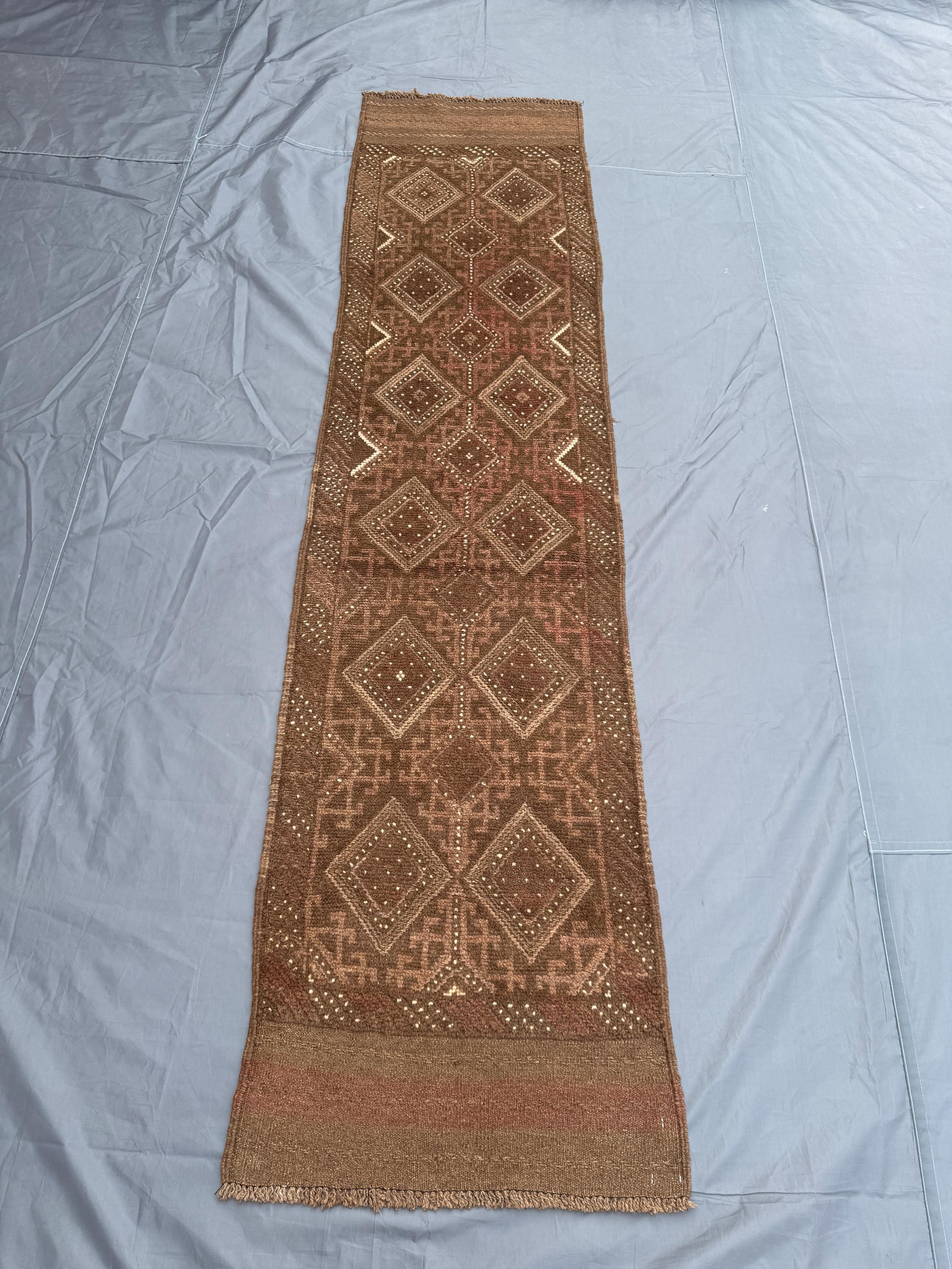 2 x 8 ft Afghan Hand Knotted Vintage Rare Soft Pile One of a Kind Narrow Runner Terracotta Color Faded Mishwan