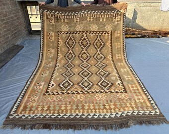 6.6x9.3 ft Antique Turkmen Ghelmori Kilim Rug, Afghan Flat Weave Terracotta Tribal Carpet, Faded Vintage Wool Rug for Bohemian Home Decor,