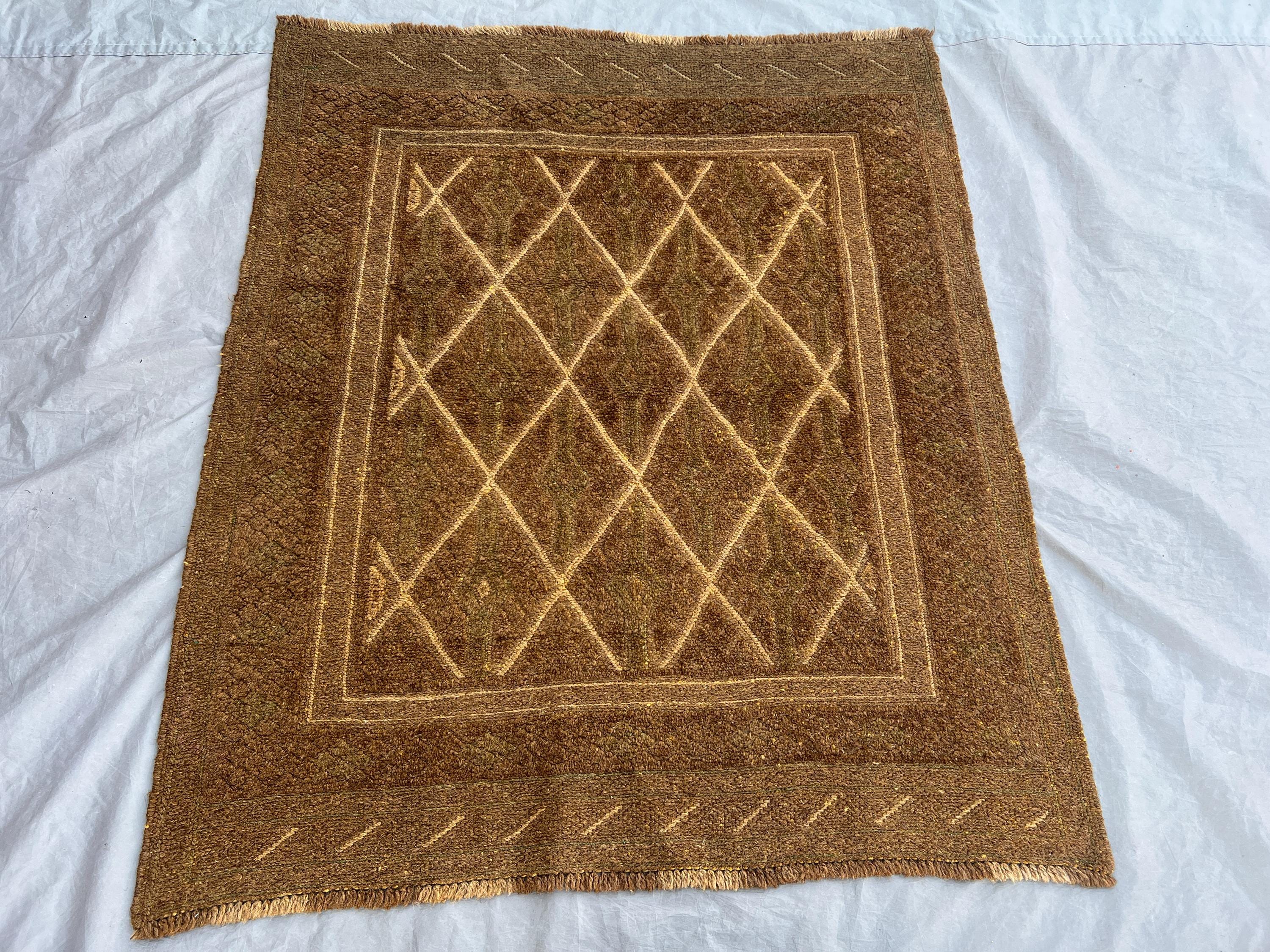 3'10"x4'4 Ft Vintage Afghan Baluchi Hand-Knotted Rug, Geometric Design, Soft Pile, Tribal Wool, Unique Antique