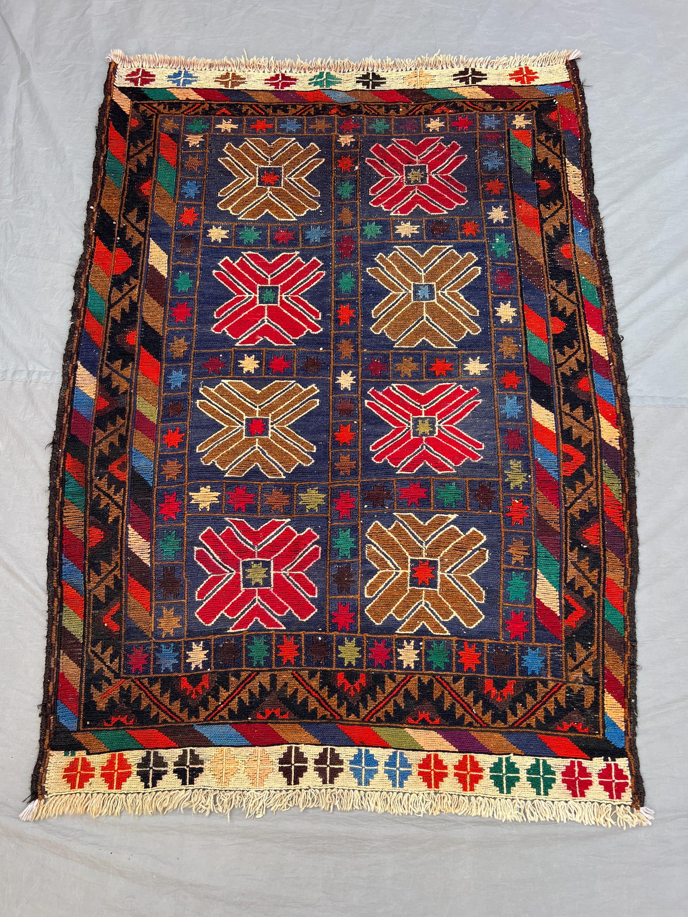 3'4x4'8 ft Vintage Afghan Pile Rug | Handknotted Tribal Grid Star Medallion | Deep Navy & Multicolor Wool | Accent Rug Entryway Bedside