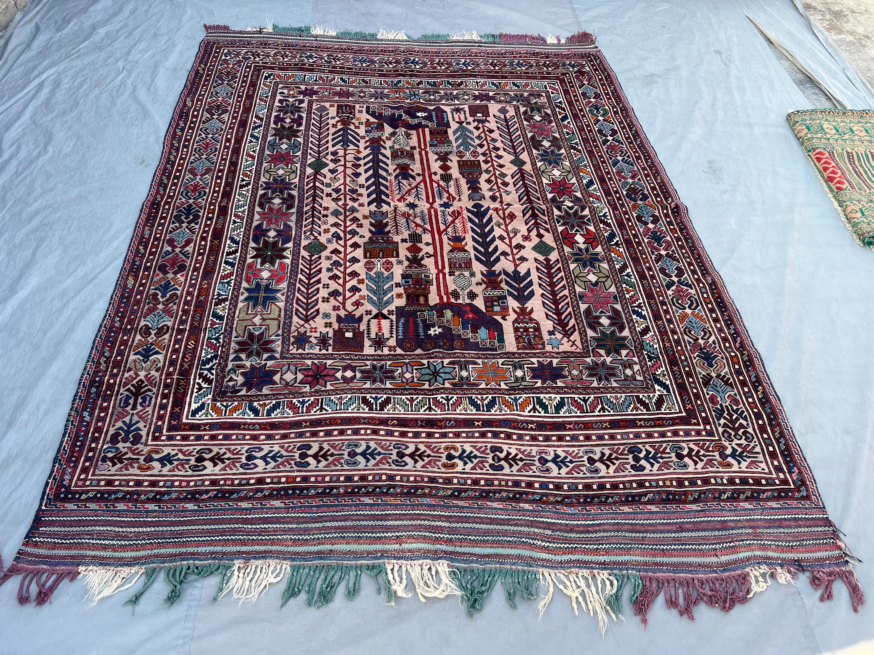 Deep Red 6'10" x 9'1" Vintage Afghan Baluchi Tribal Rug, Hand-Knotted Wool, Geometric Hooked Diamond Pattern,