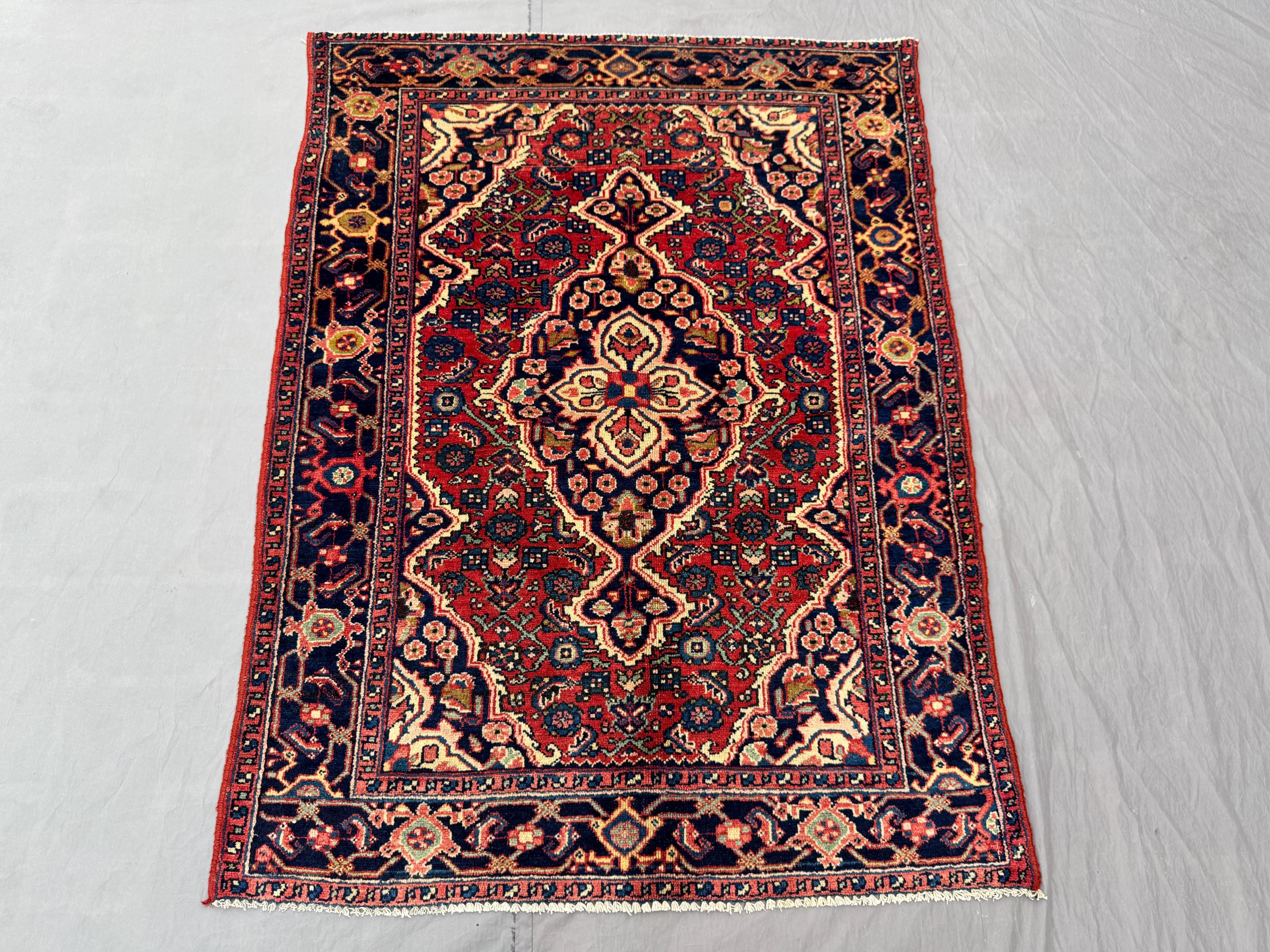 Turkish Hand Knotted Vintage Rug 3.6x4.7 ft | Soft Pile One of a Kind Small Area Rug | Luxury Room Decor | Caucasian Medallion Design
