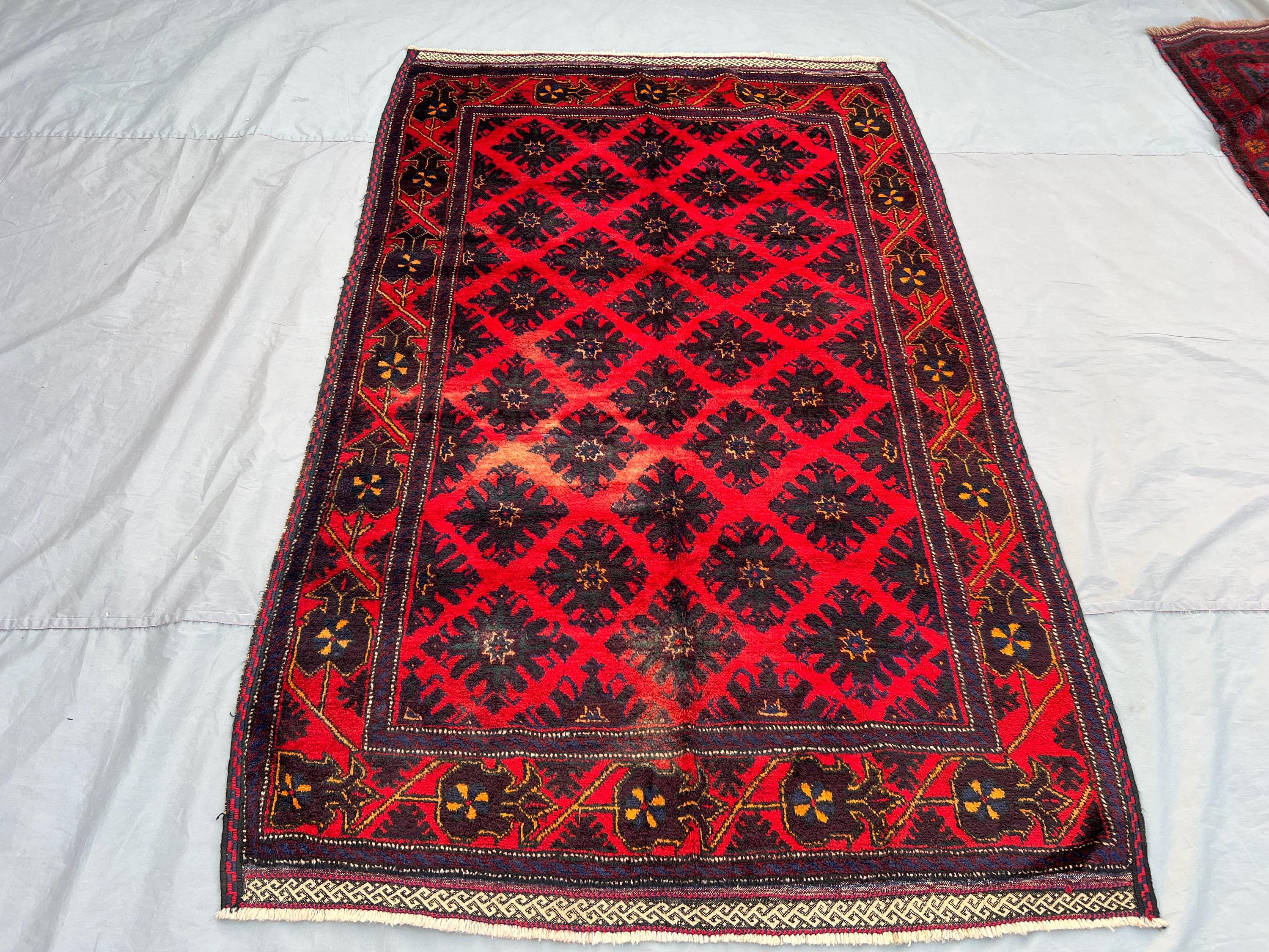 5x8 Afghan Hand-Knotted Balochi Rug Vintage Low Pile Wool, Rare Tribal Design, Farmhouse rug Living Room rug Collector’s Piece | kitchen rug