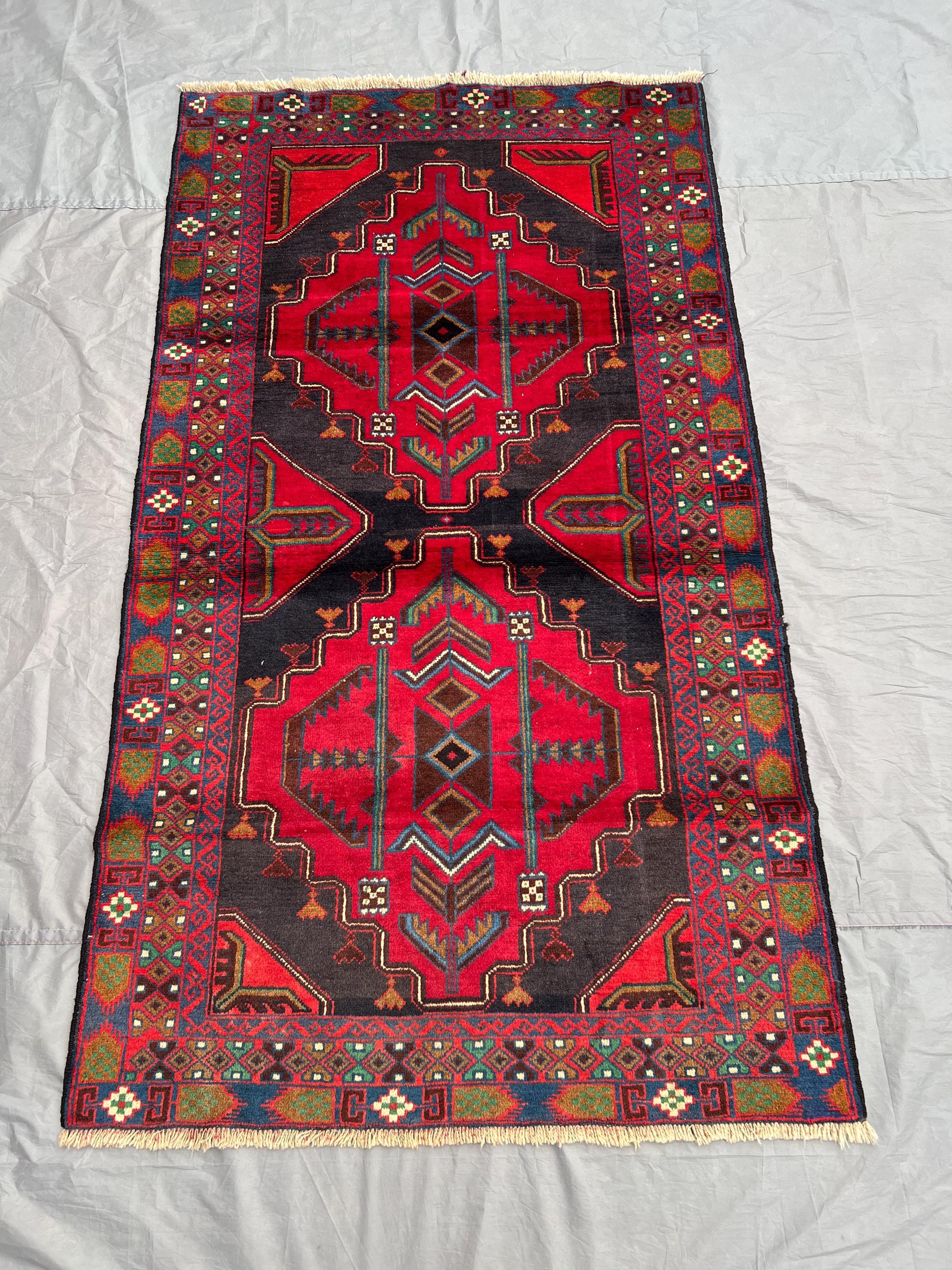3'10x6'7 ft Vintage Afghan Baluch Rug | Hand Knotted Wool Tribal Carpet | Red Black Geometric Pattern | Kitchen Area Decor Rug, Bedroom Rug