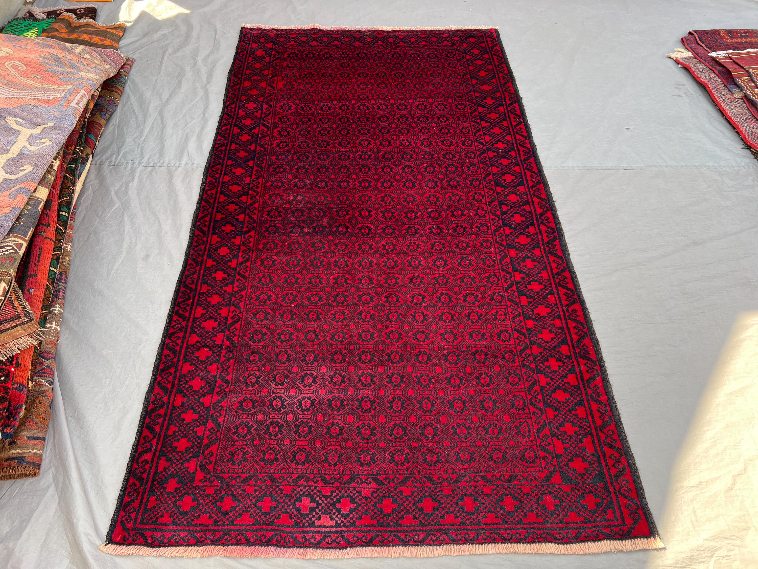 4'3x7'6 ft Vintage Afghan Pile Rug | Handknotted Tribal All-Over Geometric | Deep Crimson Red & Dark Navy Wool Area Rug Living Room Bedroom