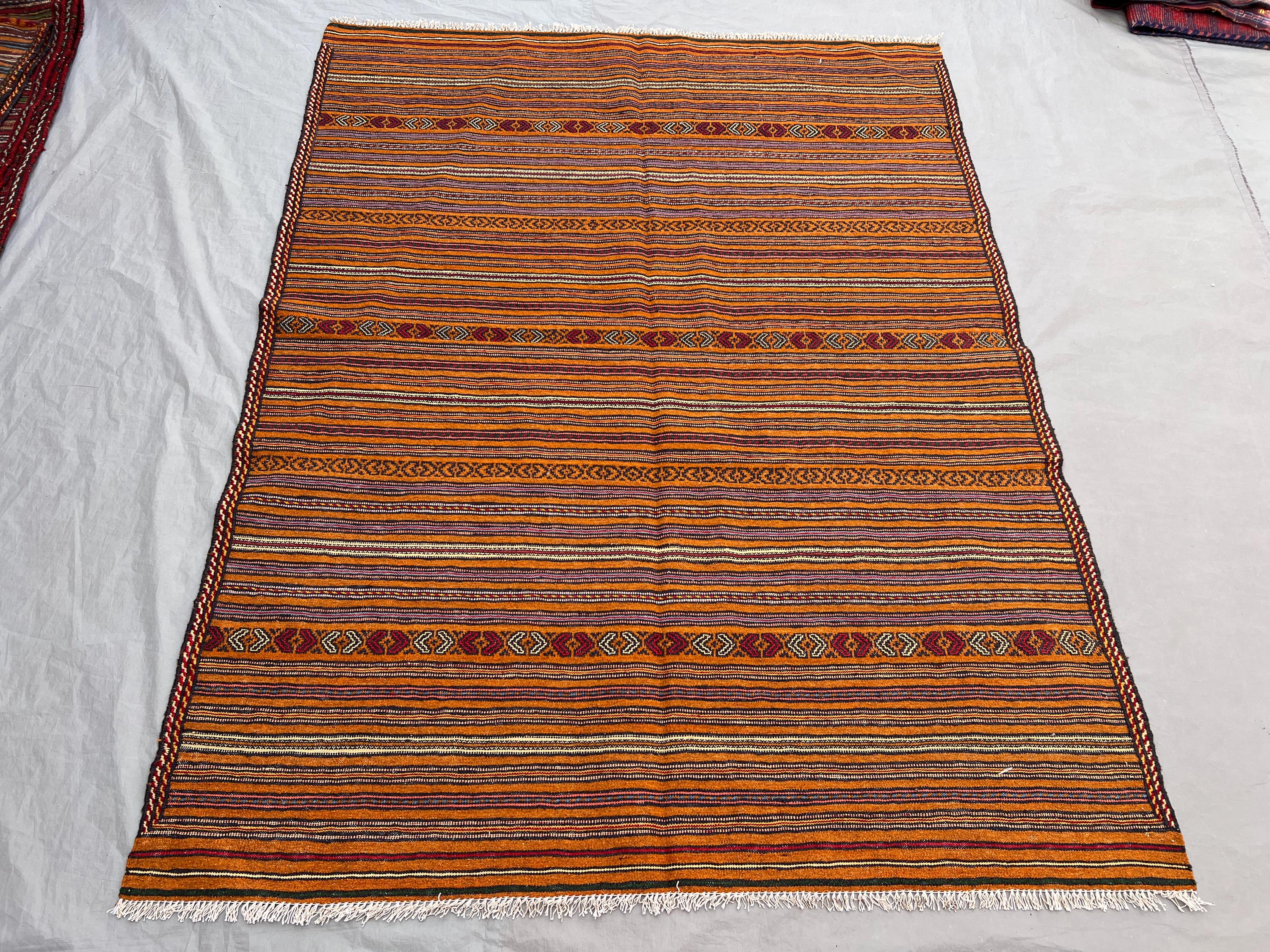 4'9x6'4 ft Vintage Afghan Hand-Knotted Kilim – Striped Design with Geometric Borders, Handmade, Boho Home Decor, Cozy Living Room