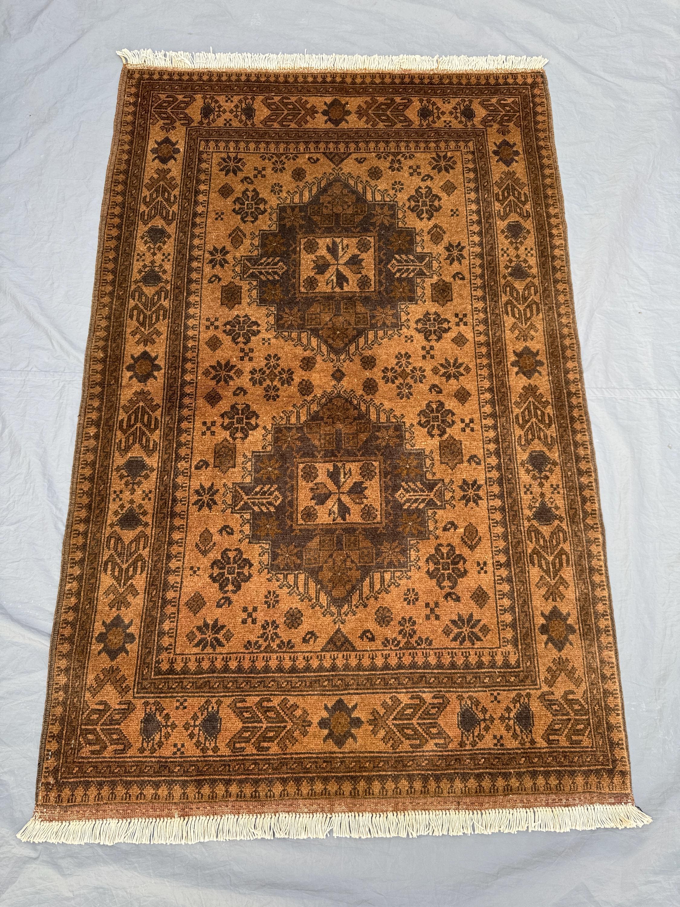 3 x 5 ft Turkmen Hand Knotted Vintage Soft Pile Unique Terracotta Color Faded Turkmen Ersari Design Rug - One of a Kind Floor Decor
