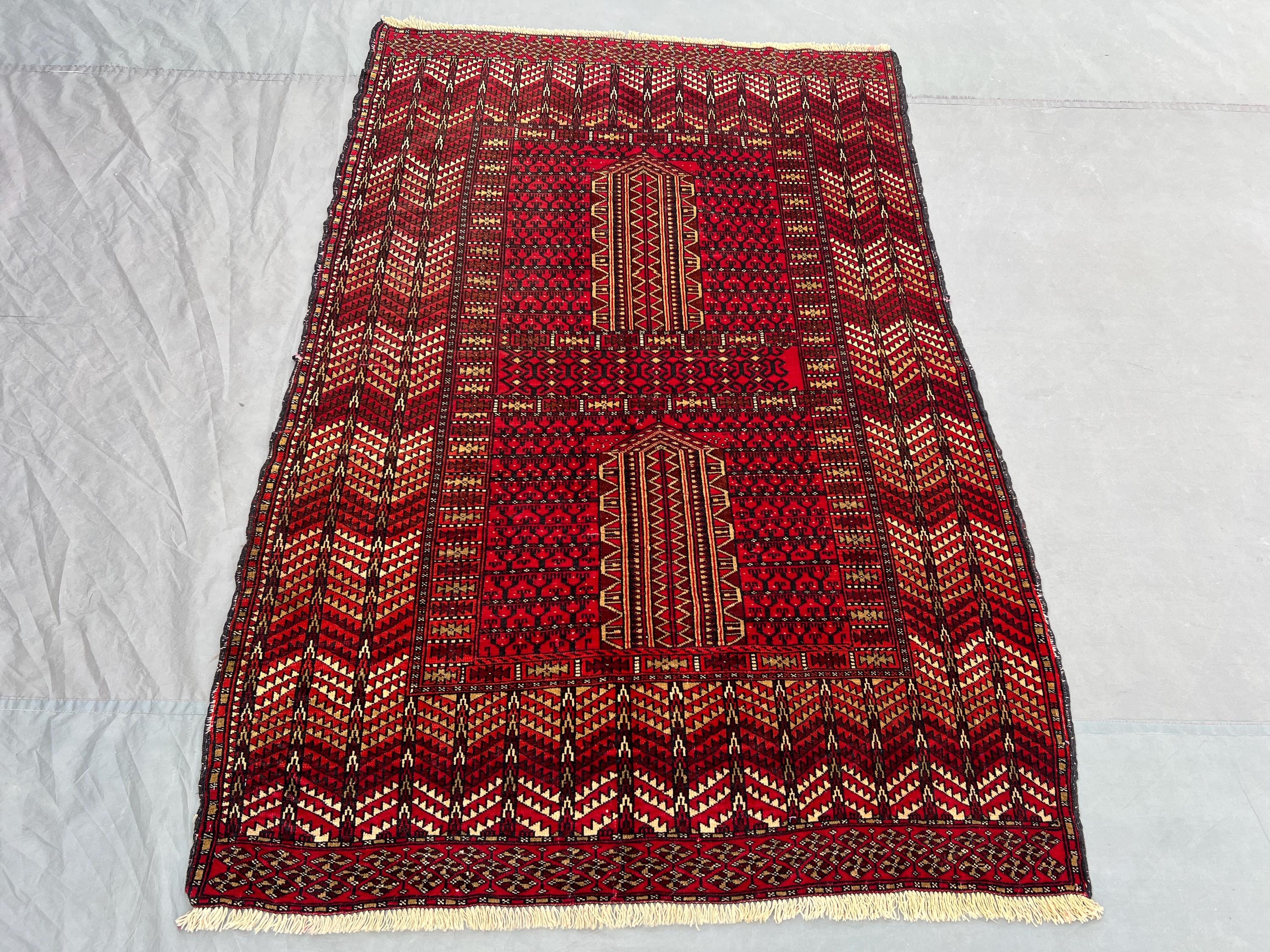 4'1 x 6'3 ft Antique Turkmen Ensi Rug, Hand Knotted Wool Parda Design Rug, Rare Tribal Oriental Carpet, Vintage Soft Pile Area Rug Decor