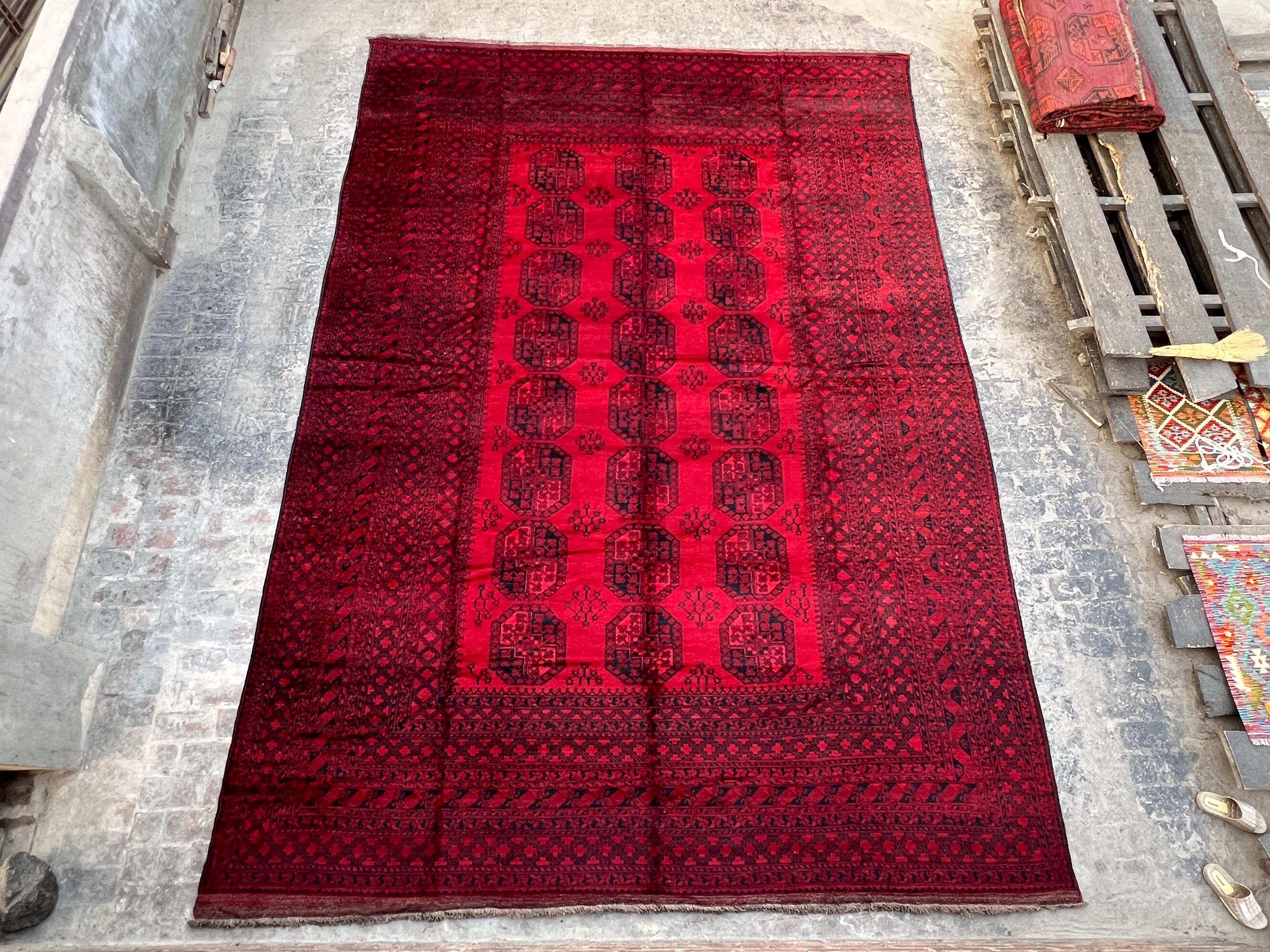 Antique Turkmen Rug 11'10x16'9 | 1940s Bukhara Red Wool Carpet | Large Elephant Foot Gul | Tribal Handmade Dec