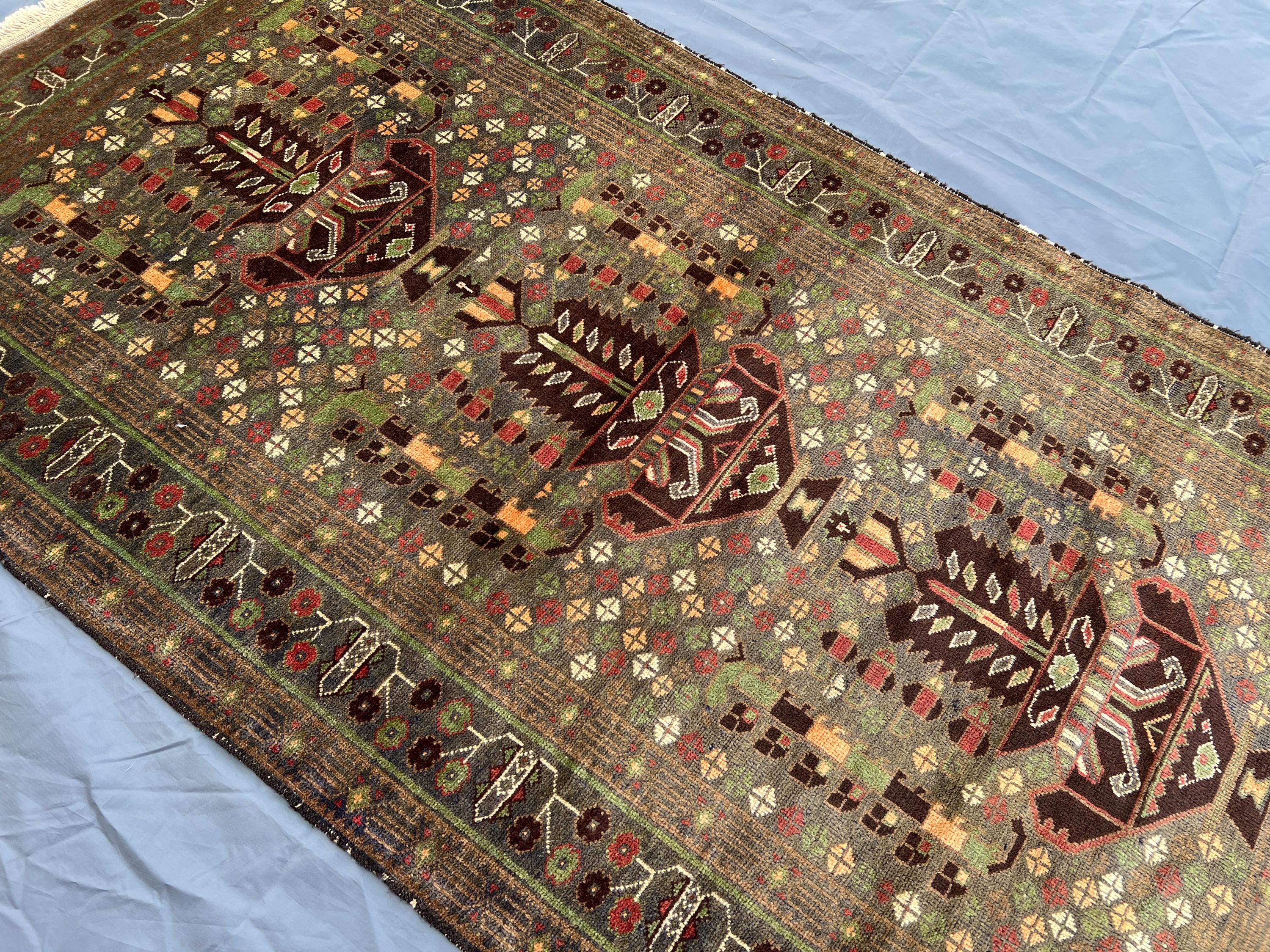 Antique Afghan Pictorial Rug 3'7x6'6 | Floral Pot Design | Hand Knotted Wool | Tribal Ethnic Decor | Vintage B