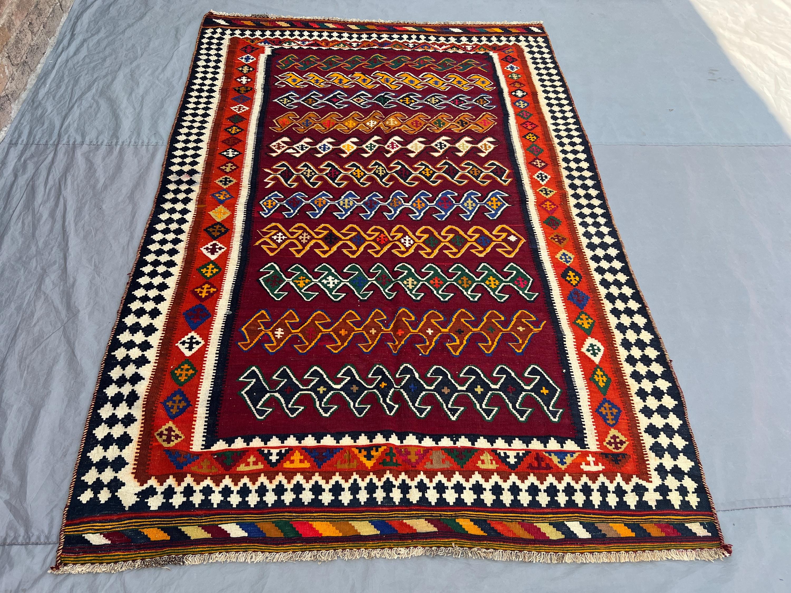 5'5x8 Vintage Afghan Kilim Flatweave | Burgundy Multicolor Banded S-Scroll Wave | Handwoven Wool Tribal Rug Living Room Dining Room Bedroom