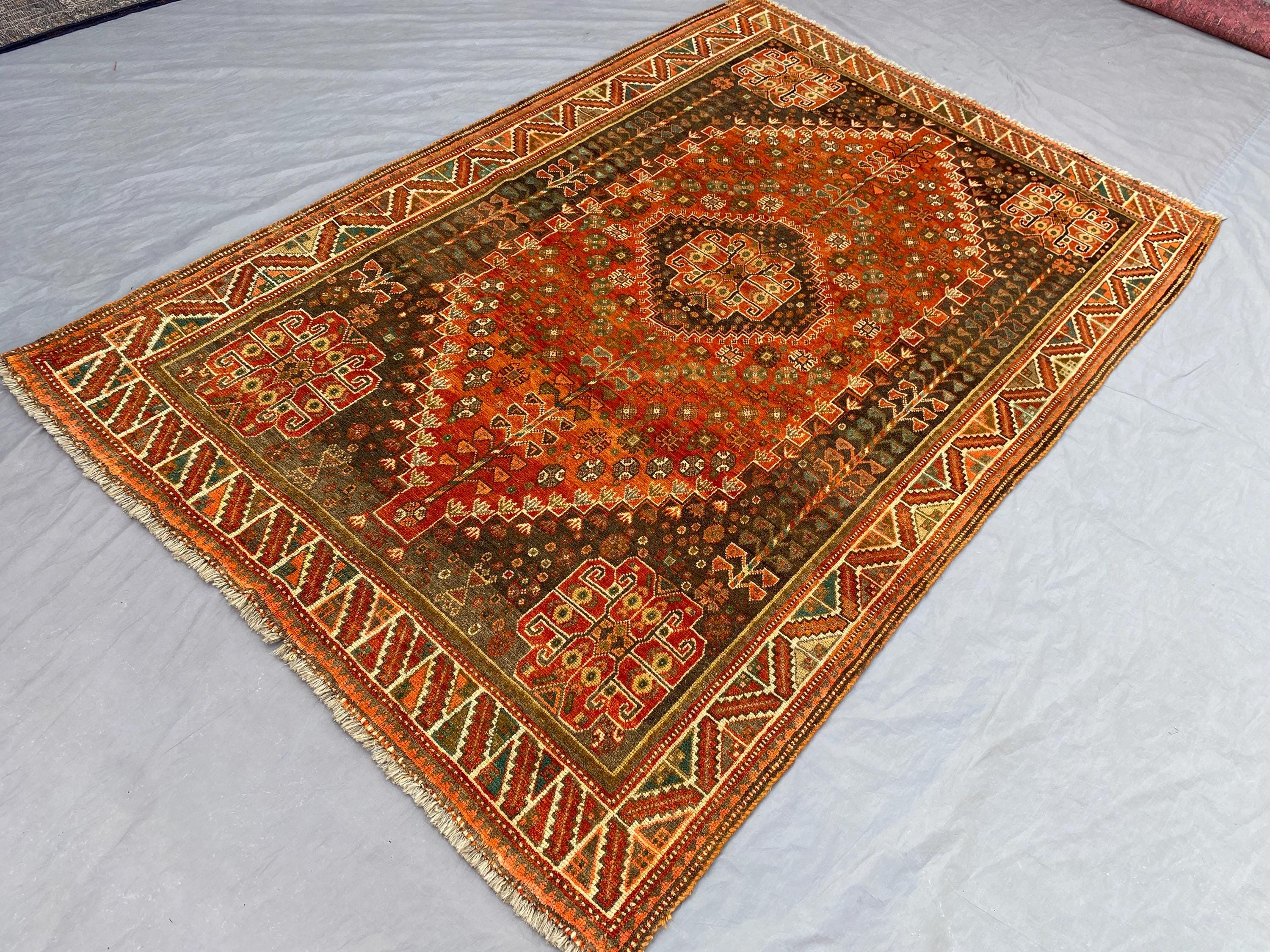 5'2 x 7'10 ft Vintage Turkish Hand Knotted Rug | Soft Wool Pile, Rare Caucasian Medallion, Tribal Geometric Brown Red Carpet, Bedroom Rug