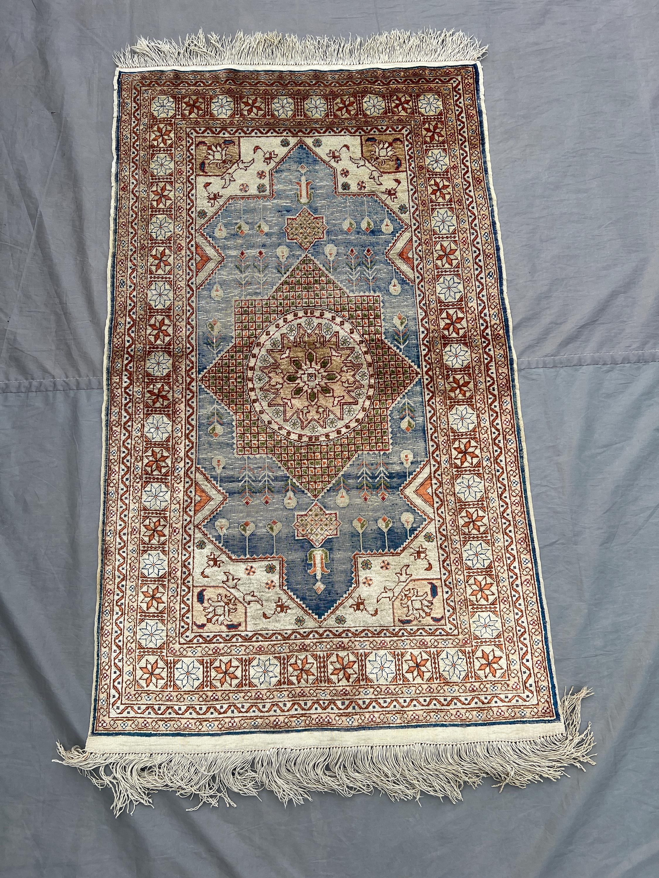 Vintage Blue Ivory Brown Afghan Qom Style Rug | 2x3 ft Hand Knotted Wool Medallion Floral Pictorial Carpet | Boho Entryway Rug \ area rug