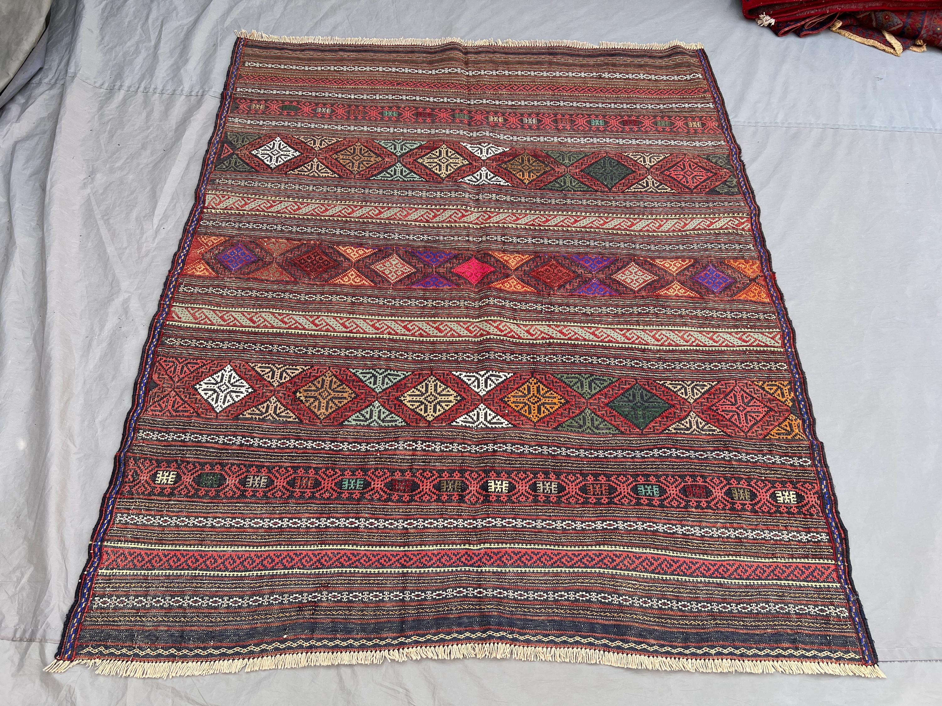 4'10x5'9 ft Vintage Afghan Kilim – Geometric Pattern, Multicolored Stripes, Handmade Tribal Kilim, Boho Home D